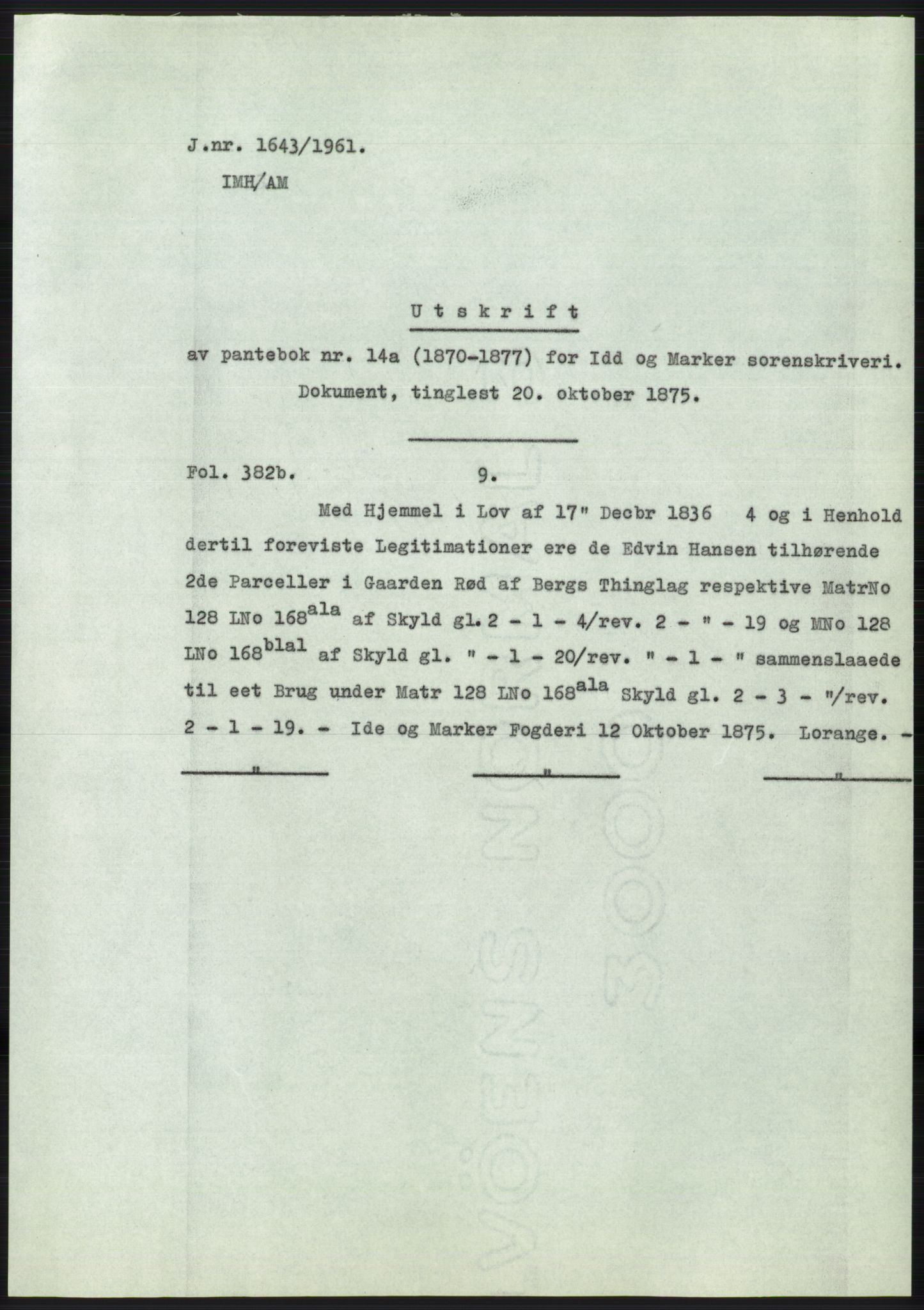 Statsarkivet i Oslo, AV/SAO-A-10621/Z/Zd/L0014: Avskrifter, j.nr 1101-1809/1961, 1961, p. 278