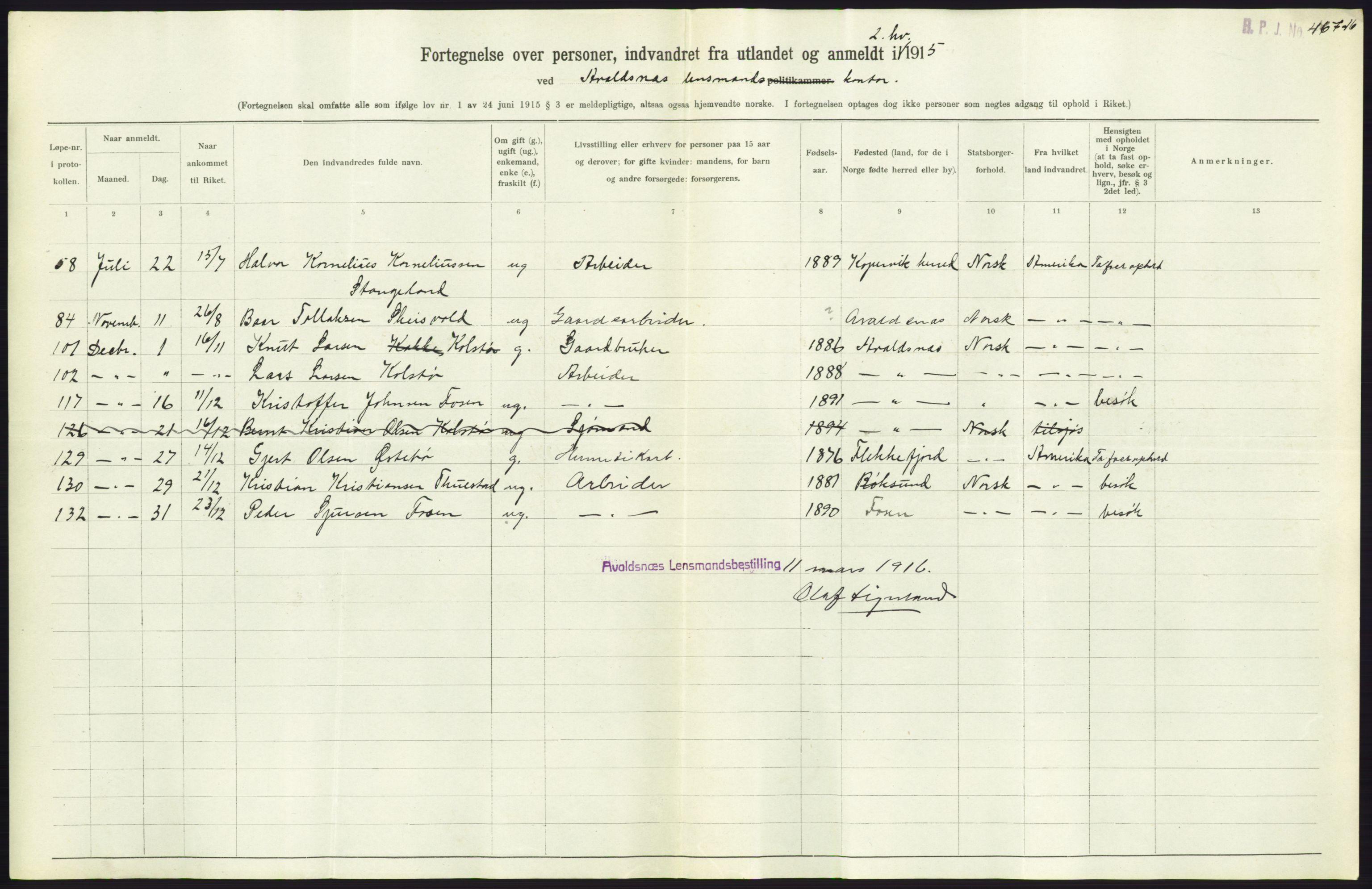 Statistisk sentralbyrå, Sosioøkonomiske emner, Folketellinger, boliger og boforhold, AV/RA-S-2231/F/Fa/L0001: Innvandring. Navn/fylkesvis, 1915, p. 398