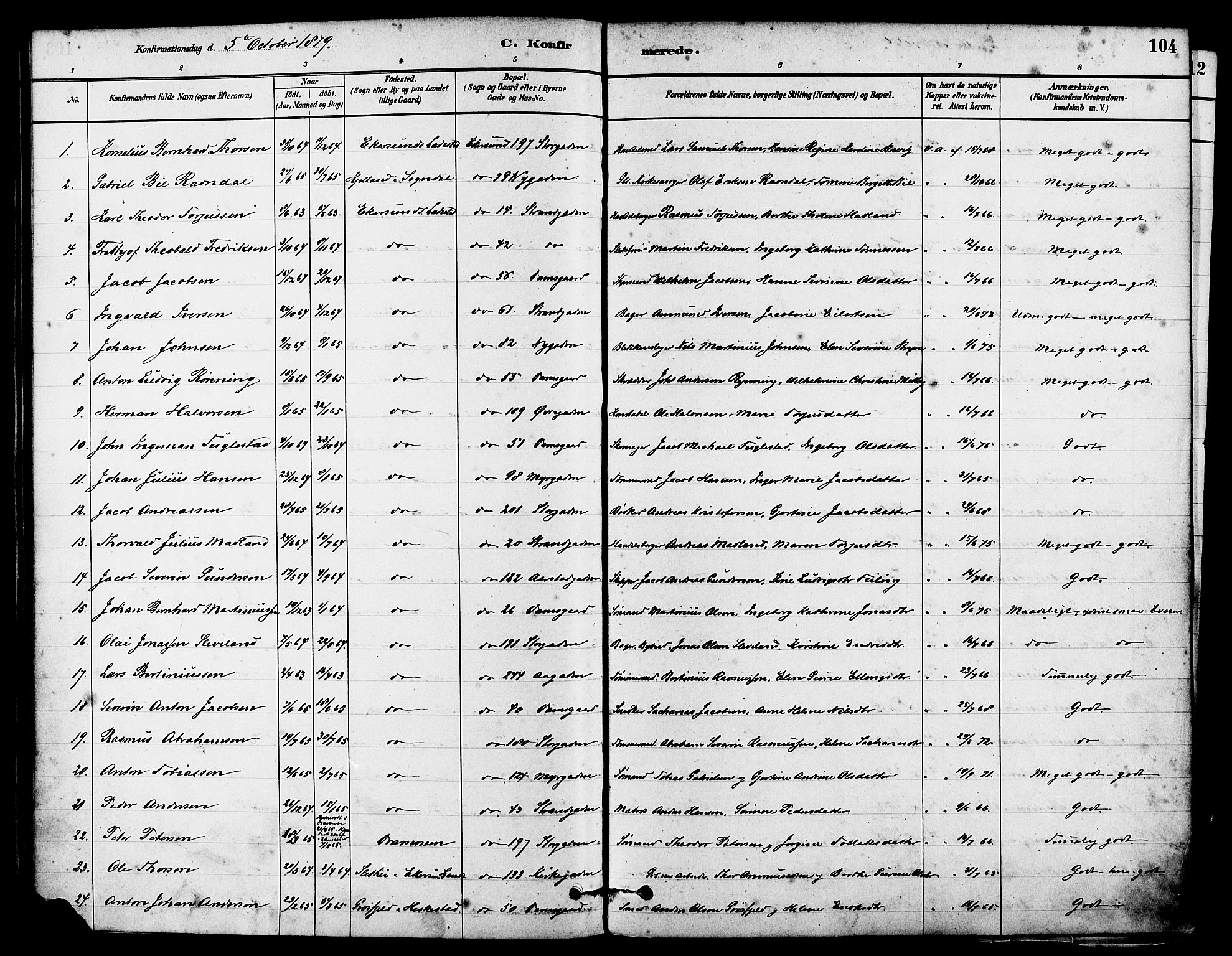 Eigersund sokneprestkontor, SAST/A-101807/S08/L0015: Parish register (official) no. A 15, 1879-1892, p. 104
