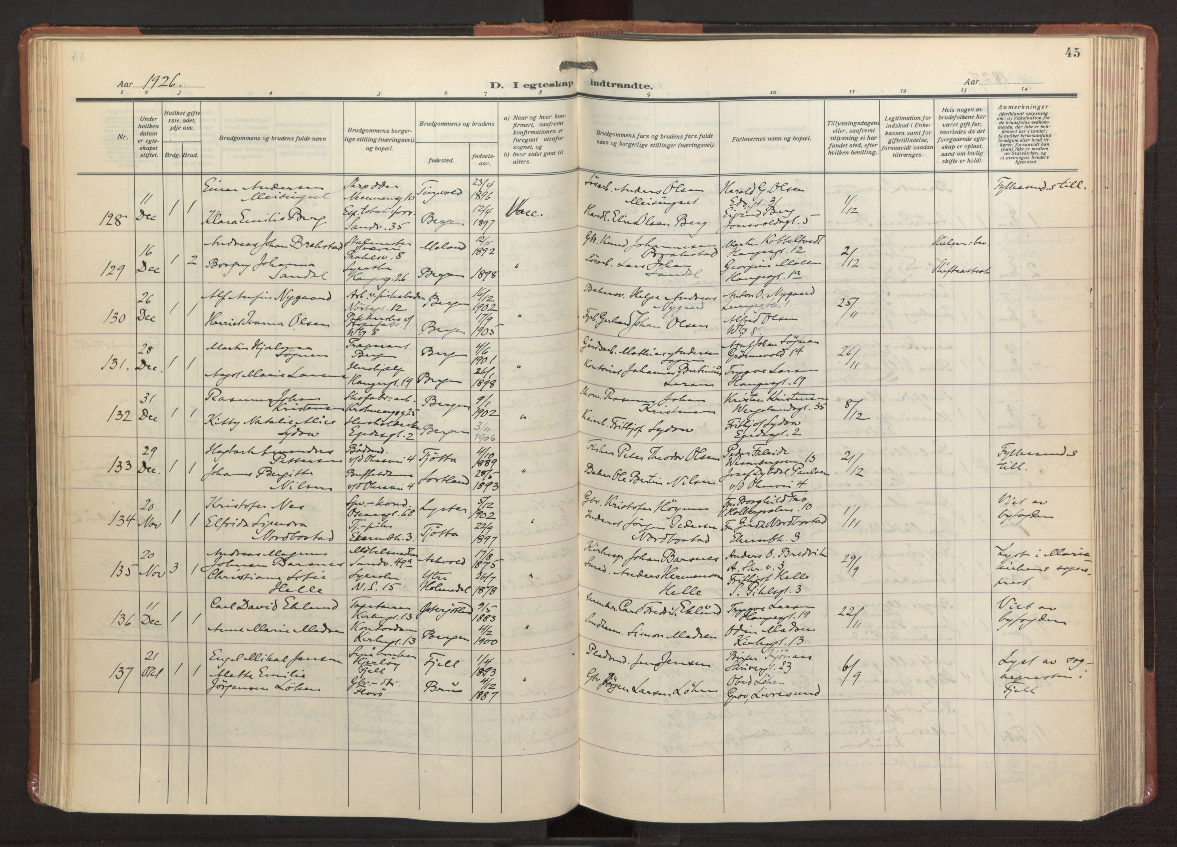 Sandviken Sokneprestembete, SAB/A-77601/H/Ha/L0016: Parish register (official) no. D 3, 1923-1940, p. 45