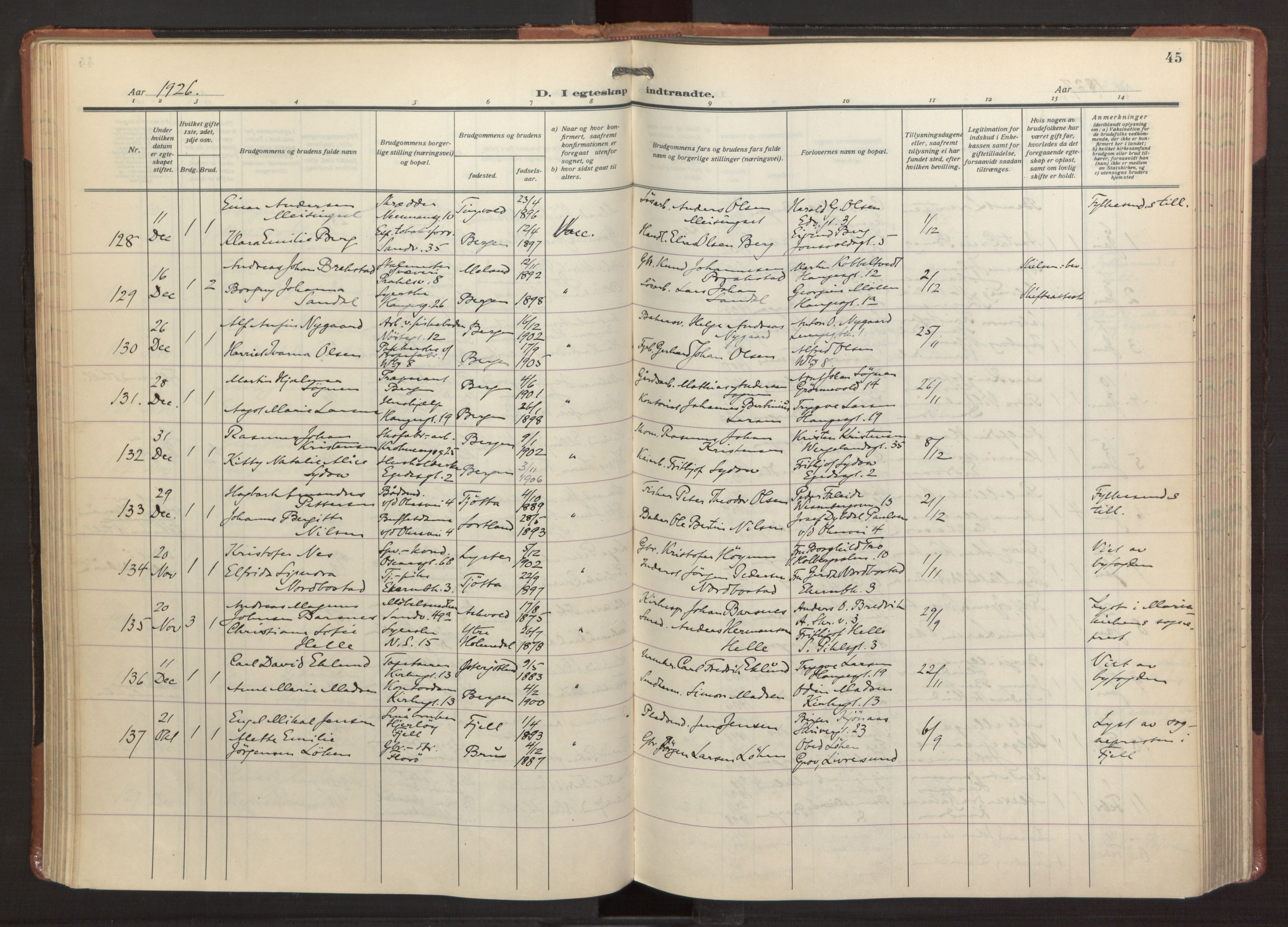 Sandviken Sokneprestembete, AV/SAB-A-77601/H/Ha/L0016: Parish register (official) no. D 3, 1923-1940, p. 45