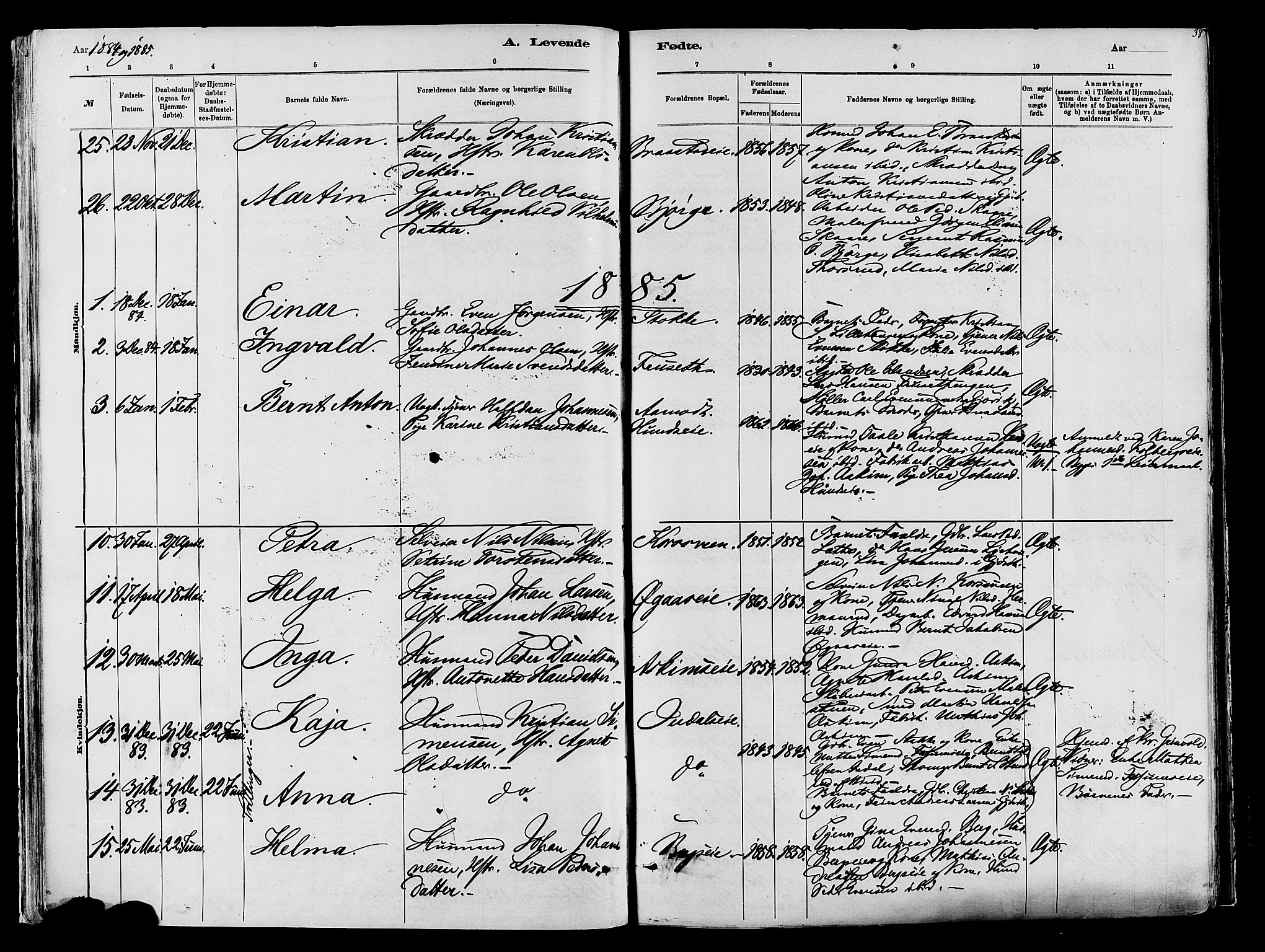 Vardal prestekontor, SAH/PREST-100/H/Ha/Haa/L0009: Parish register (official) no. 9, 1878-1892, p. 38
