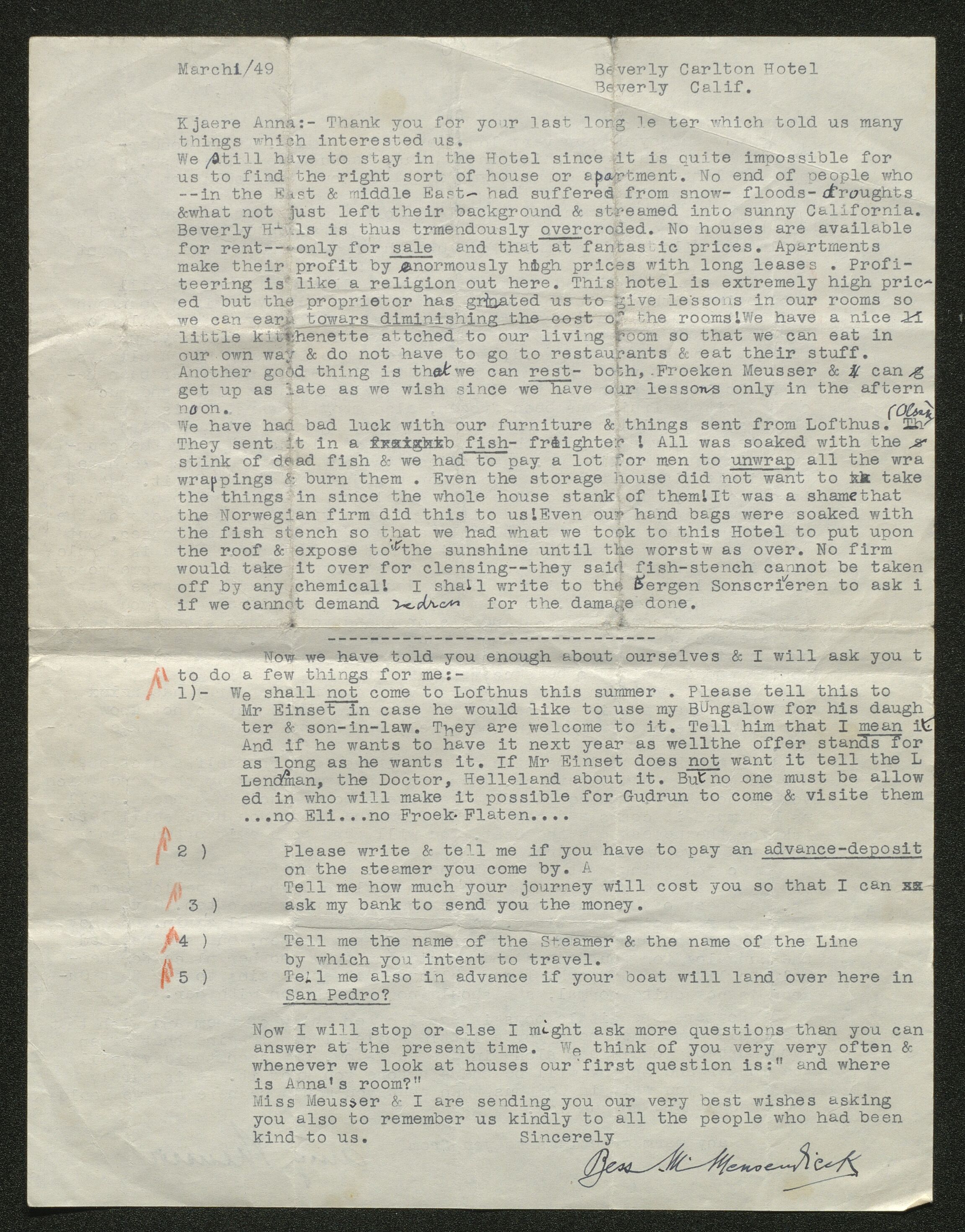 Ymse brevsamlingar m.m., IKAH/1231b-Pa0002/D/Da/L0001/0003: Korrespondanse / Korrespondanse mellom Dr. Bess M. Mensendieck, Anna B. Aga og Johannes M. Helleland, 1948-1949