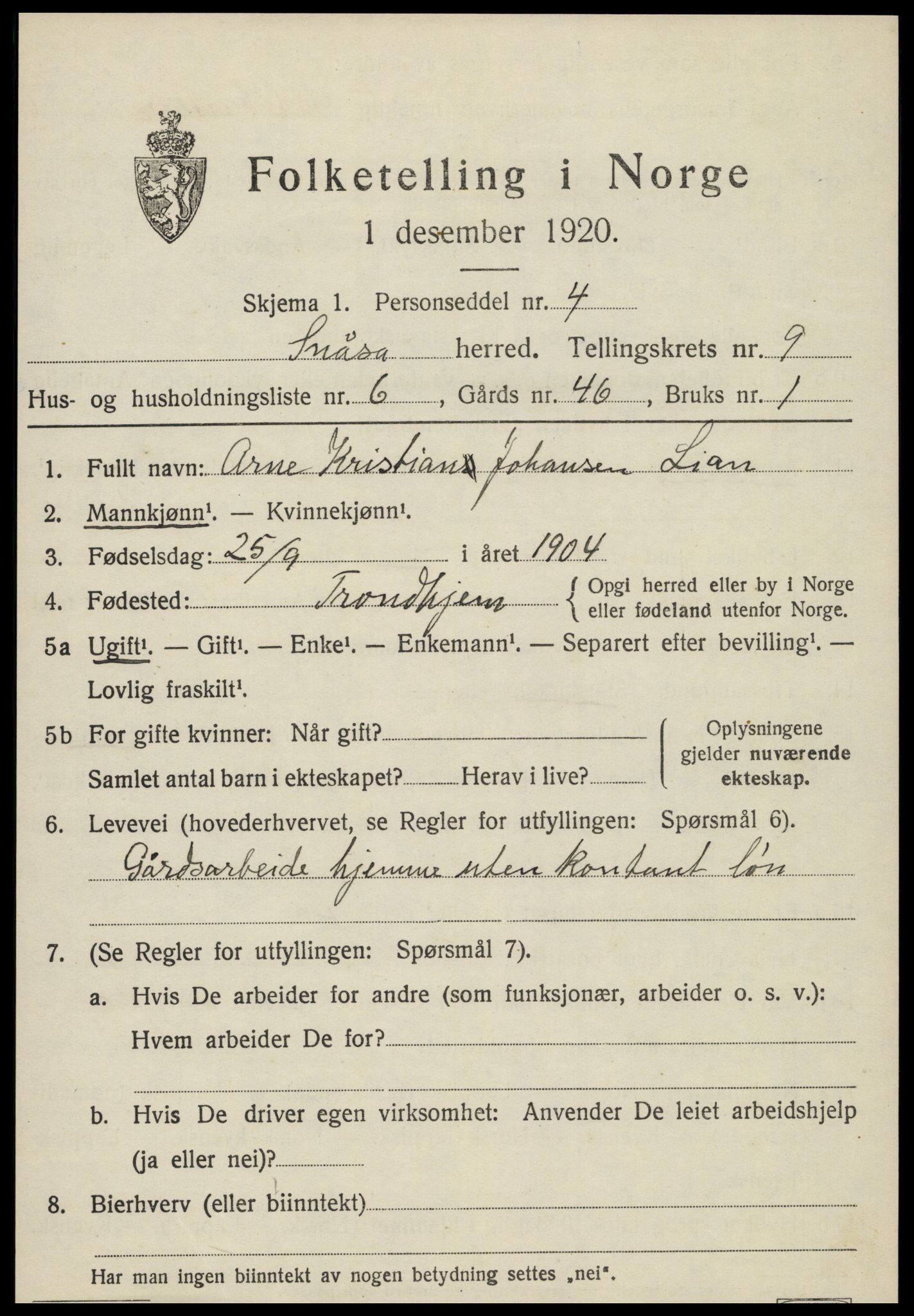 SAT, 1920 census for Snåsa, 1920, p. 3730