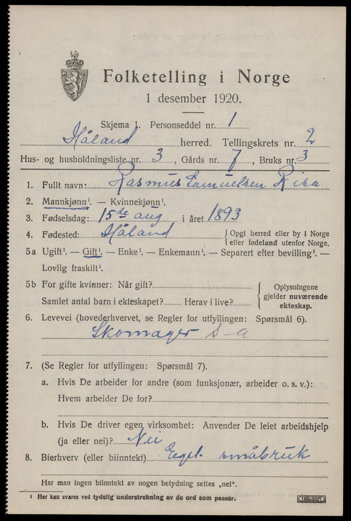 SAST, 1920 census for Håland, 1920, p. 2623