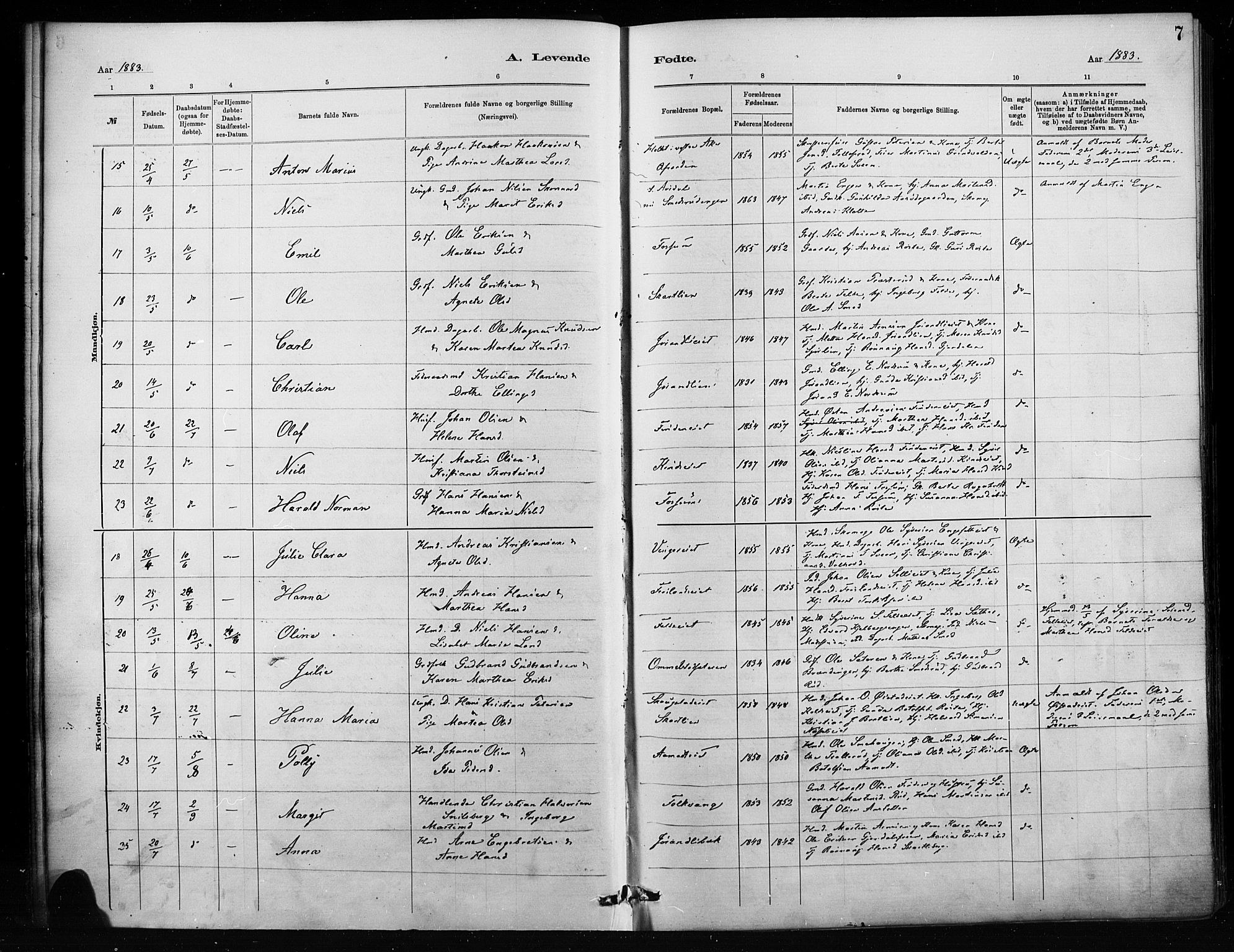 Nordre Land prestekontor, AV/SAH-PREST-124/H/Ha/Haa/L0004: Parish register (official) no. 4, 1882-1896, p. 7
