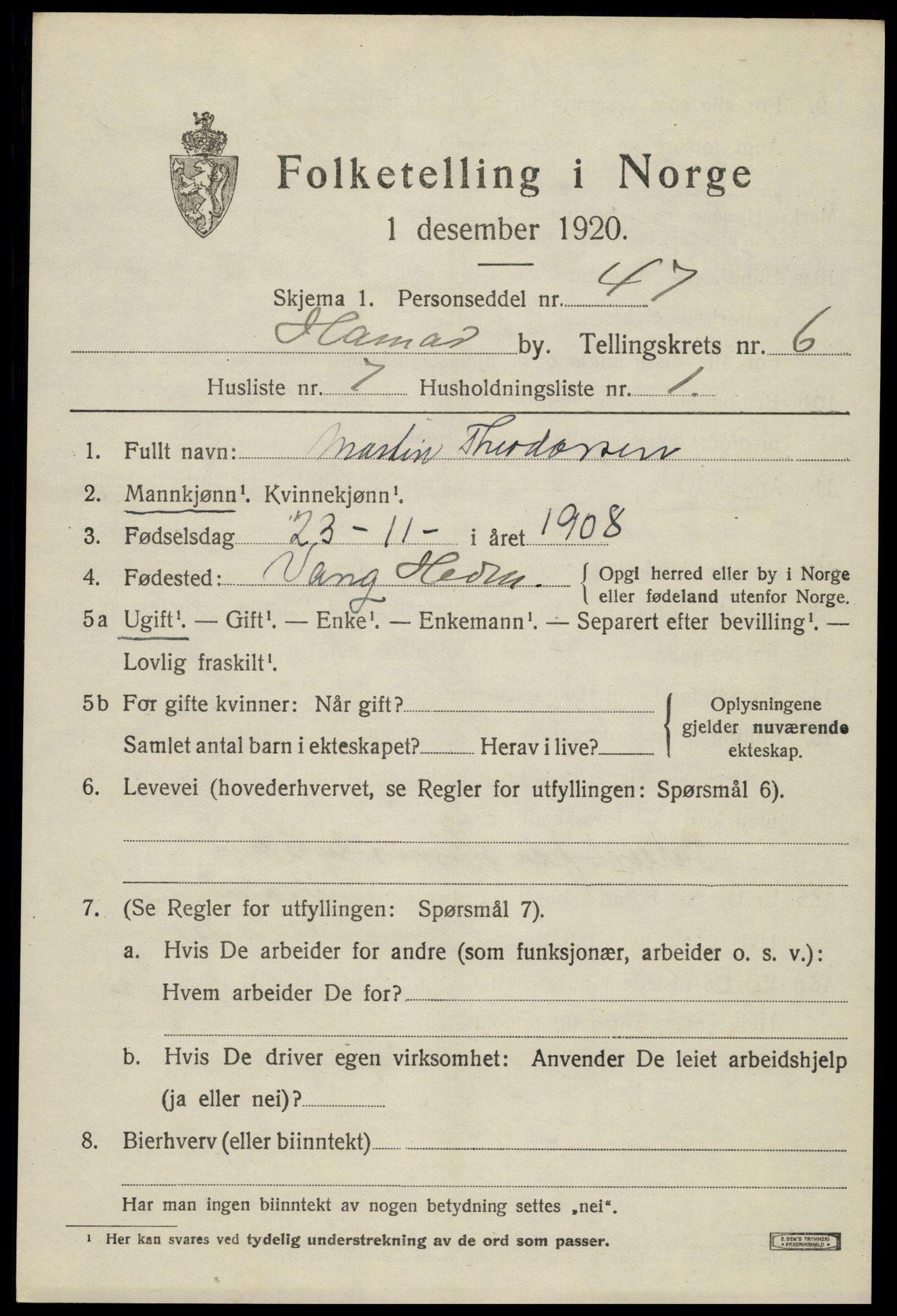 SAH, 1920 census for Hamar, 1920, p. 11173