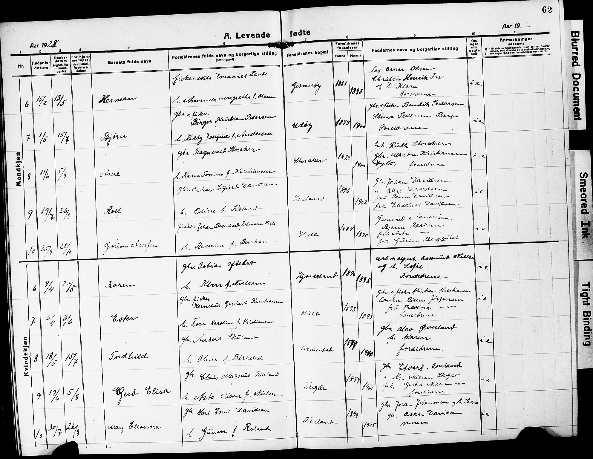 Mandal sokneprestkontor, SAK/1111-0030/F/Fb/Fba/L0013: Parish register (copy) no. B 7, 1918-1931, p. 62