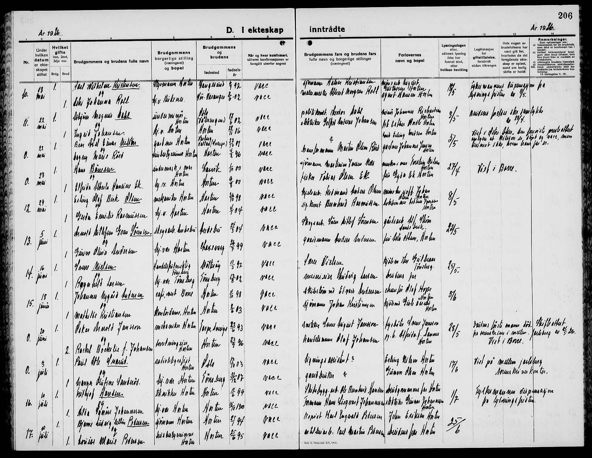 Horten kirkebøker, AV/SAKO-A-348/G/Ga/L0009: Parish register (copy) no. 9, 1926-1936, p. 206