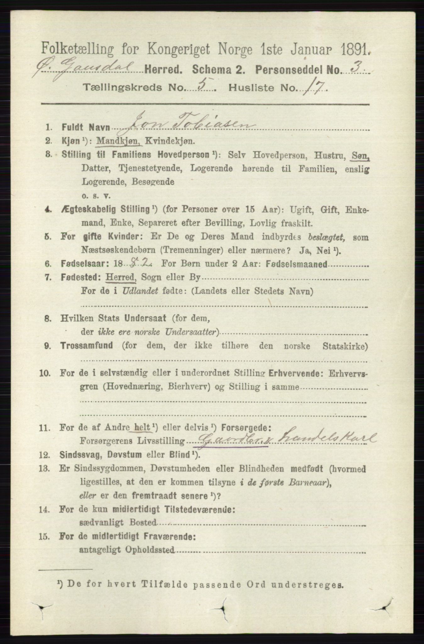RA, 1891 census for 0522 Østre Gausdal, 1891, p. 3074