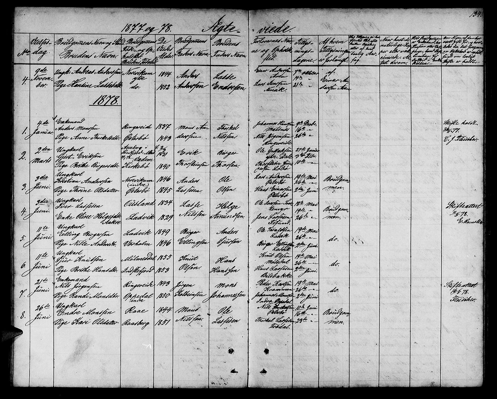 Lavik sokneprestembete, SAB/A-80901: Parish register (copy) no. A 1, 1854-1881, p. 134