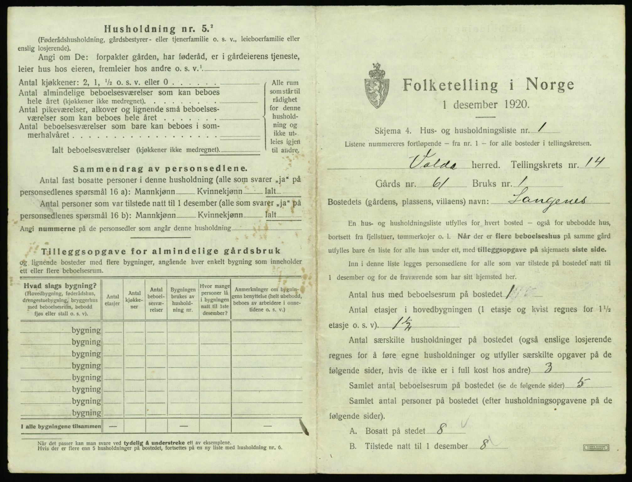 SAT, 1920 census for Volda, 1920, p. 1098