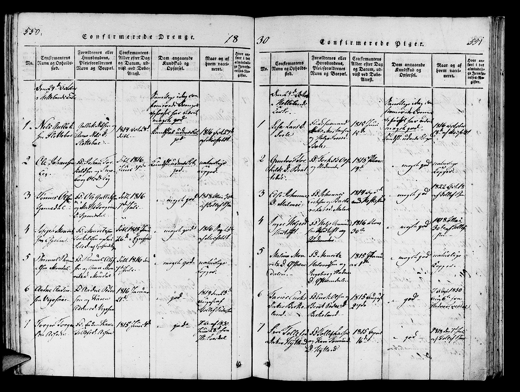 Helleland sokneprestkontor, SAST/A-101810: Parish register (official) no. A 5, 1815-1834, p. 550-551
