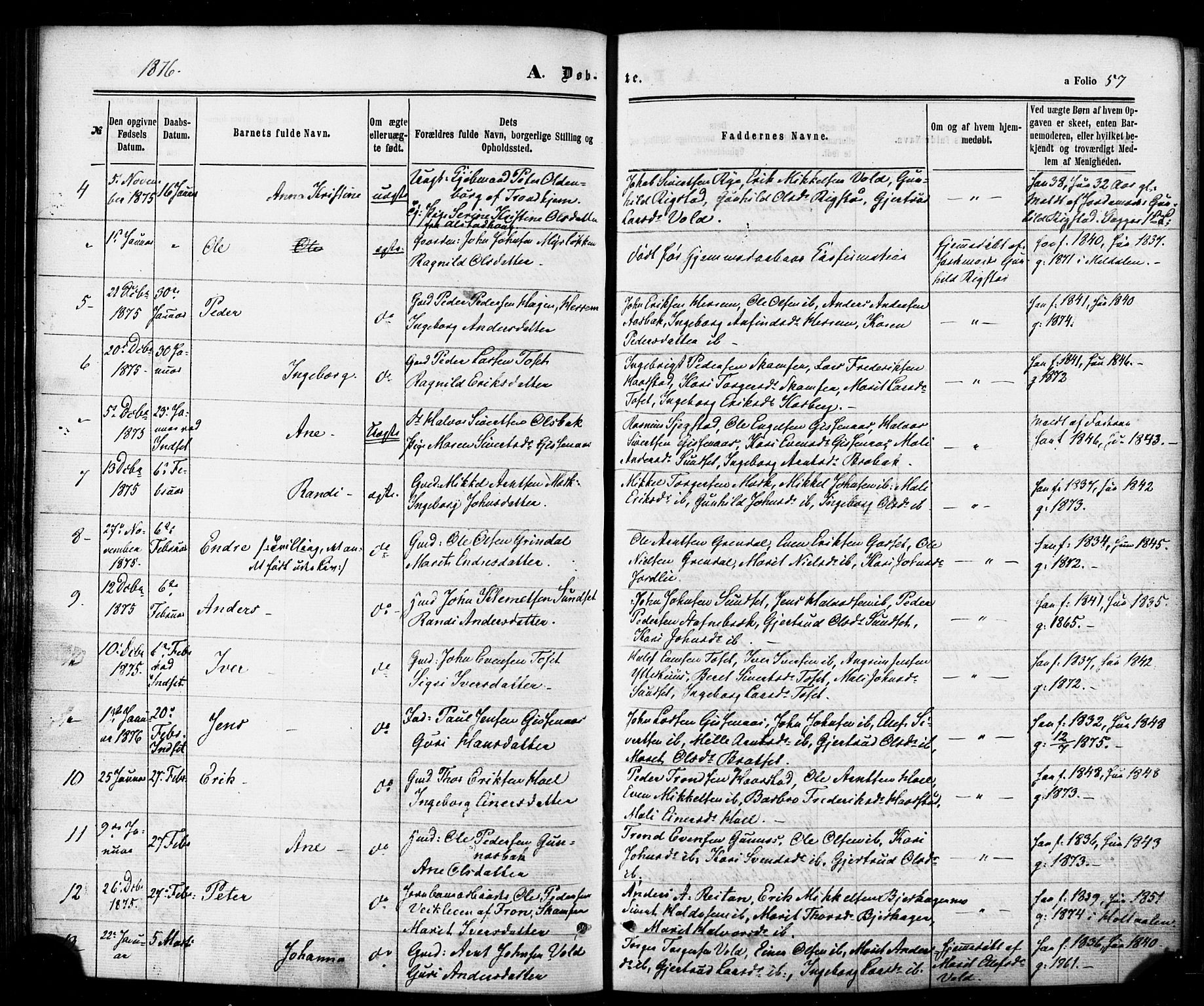 Ministerialprotokoller, klokkerbøker og fødselsregistre - Sør-Trøndelag, SAT/A-1456/674/L0870: Parish register (official) no. 674A02, 1861-1879, p. 57
