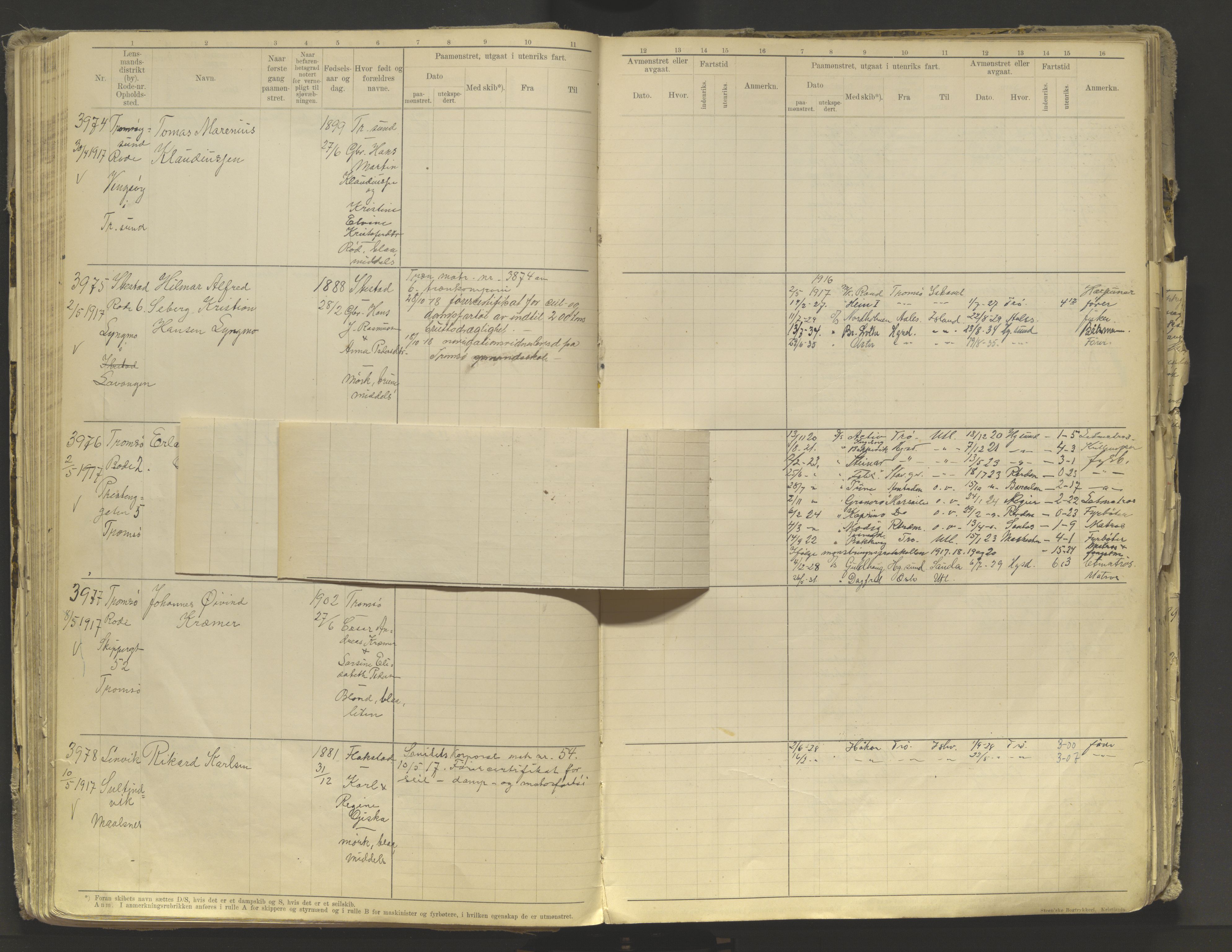 Tromsø sjømannskontor/innrullerings-/mønstringsdistrikt, AV/SATØ-S-0243/F/Fb/L0010: Annotasjonsrulle. Defekt: løs innbinding. Nr. 3519-4972, 1916-1920