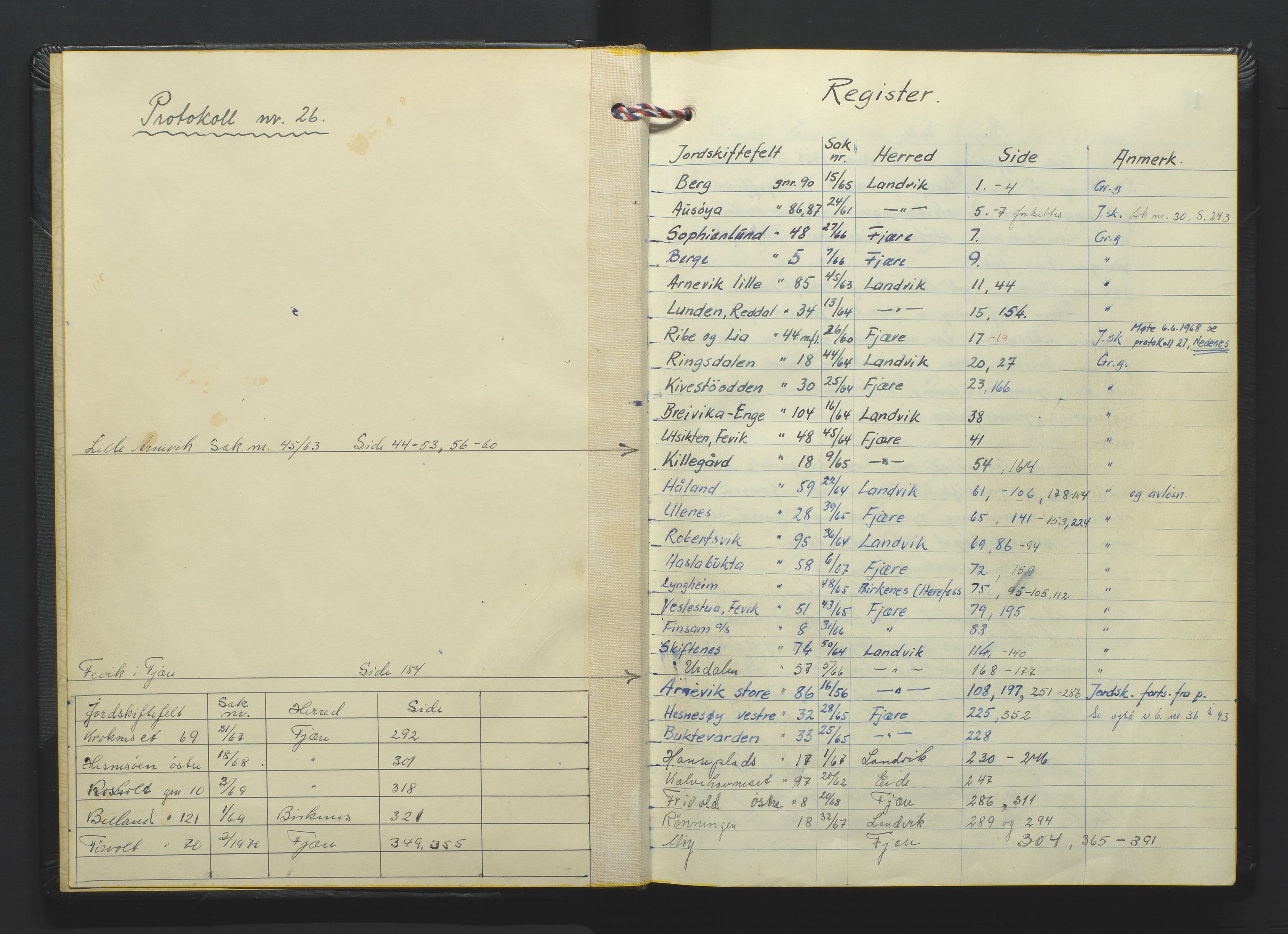 Setesdal jordskifterett, AV/SAK-1541-0008/F/Fa/Faa/L0010: Jordskifteprotokoll med gårdsregister, Sand domssokn nr 26, 1965-1969