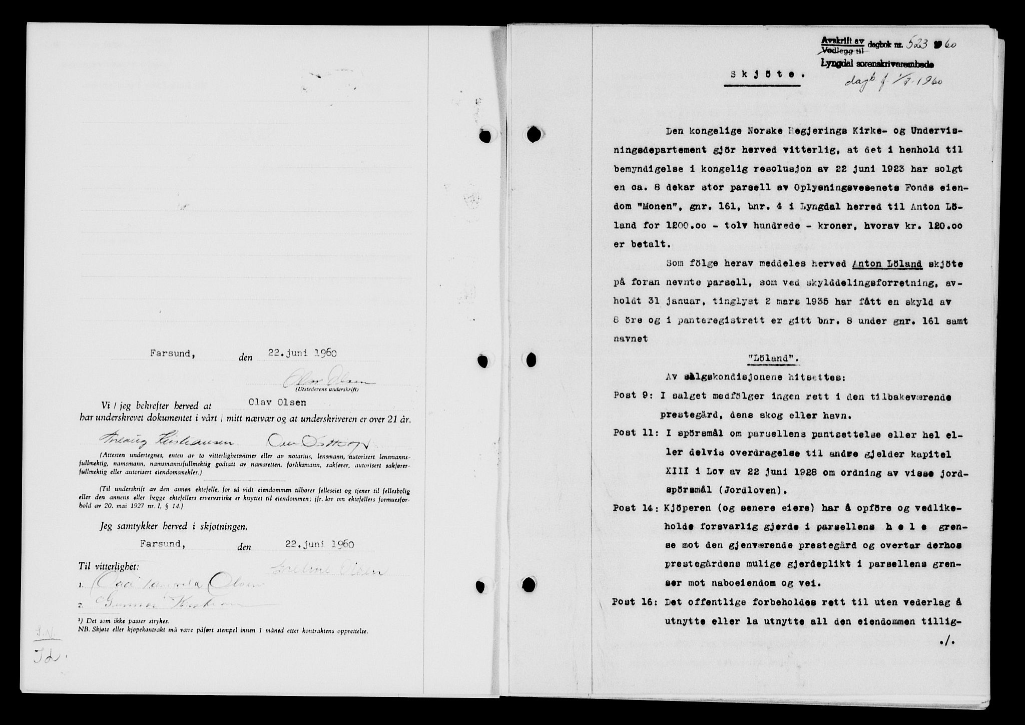 Lyngdal sorenskriveri, AV/SAK-1221-0004/G/Gb/L0680: Mortgage book no. A XXVI, 1960-1960, Diary no: : 523/1960