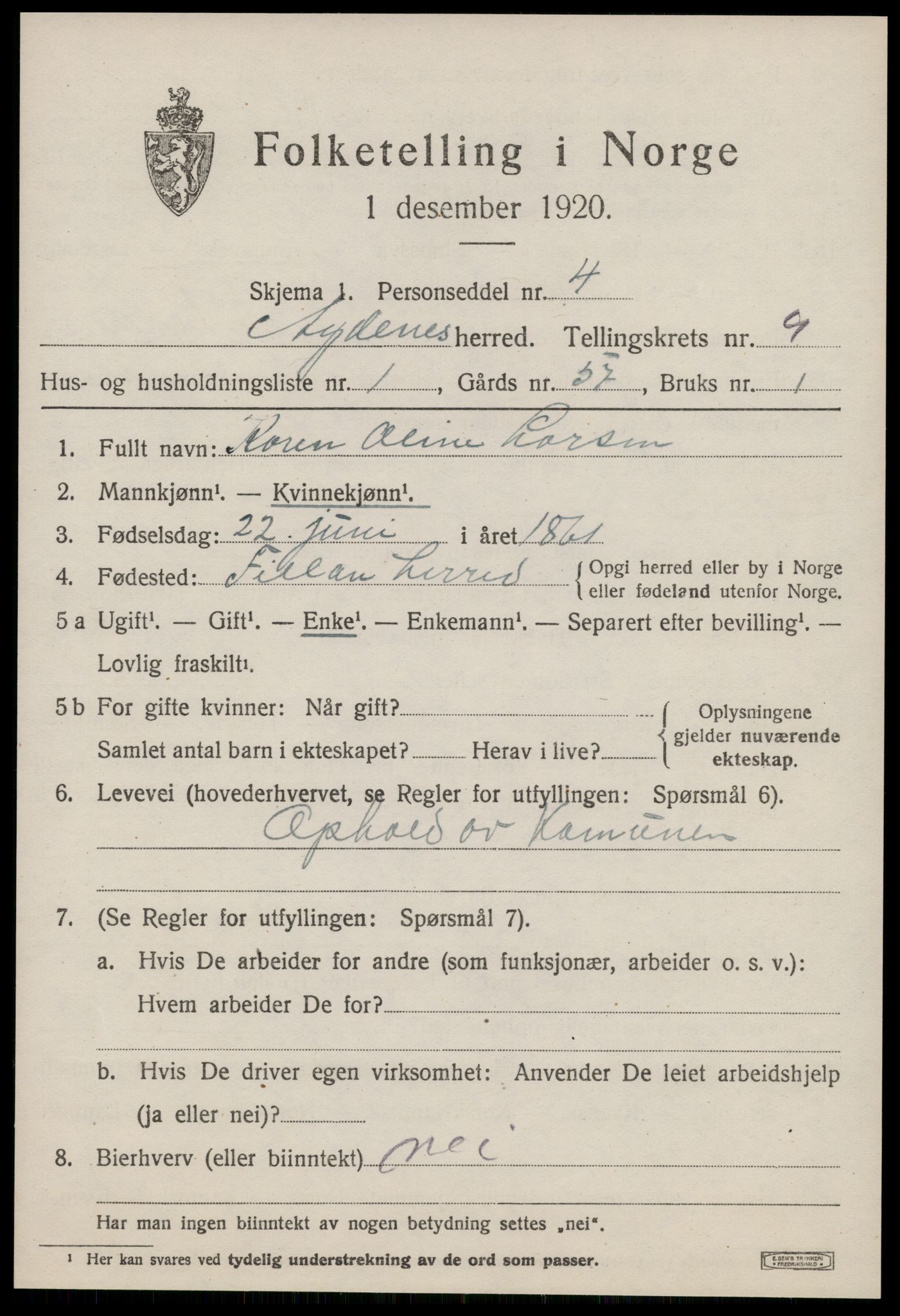 SAT, 1920 census for Agdenes, 1920, p. 3065