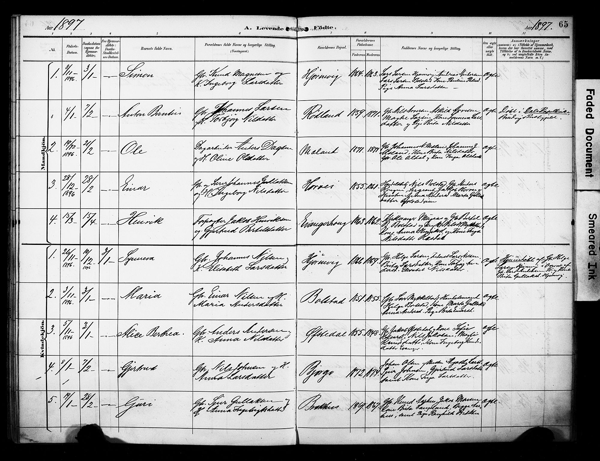 Evanger sokneprestembete, AV/SAB-A-99924: Parish register (official) no. A 2, 1892-1899, p. 65