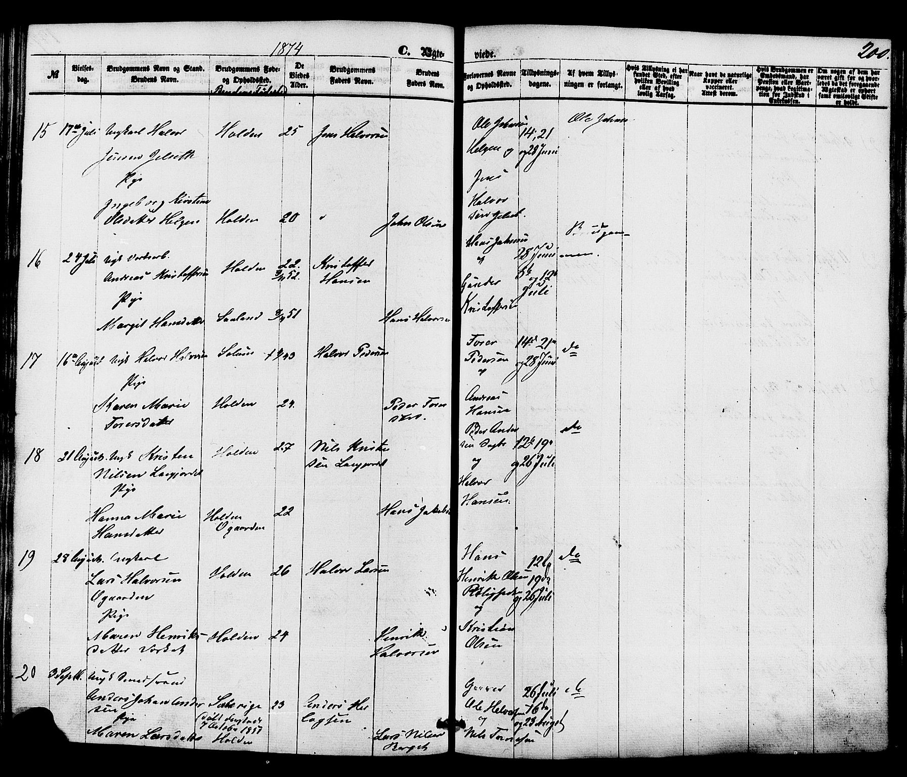 Holla kirkebøker, AV/SAKO-A-272/F/Fa/L0007: Parish register (official) no. 7, 1869-1881, p. 200