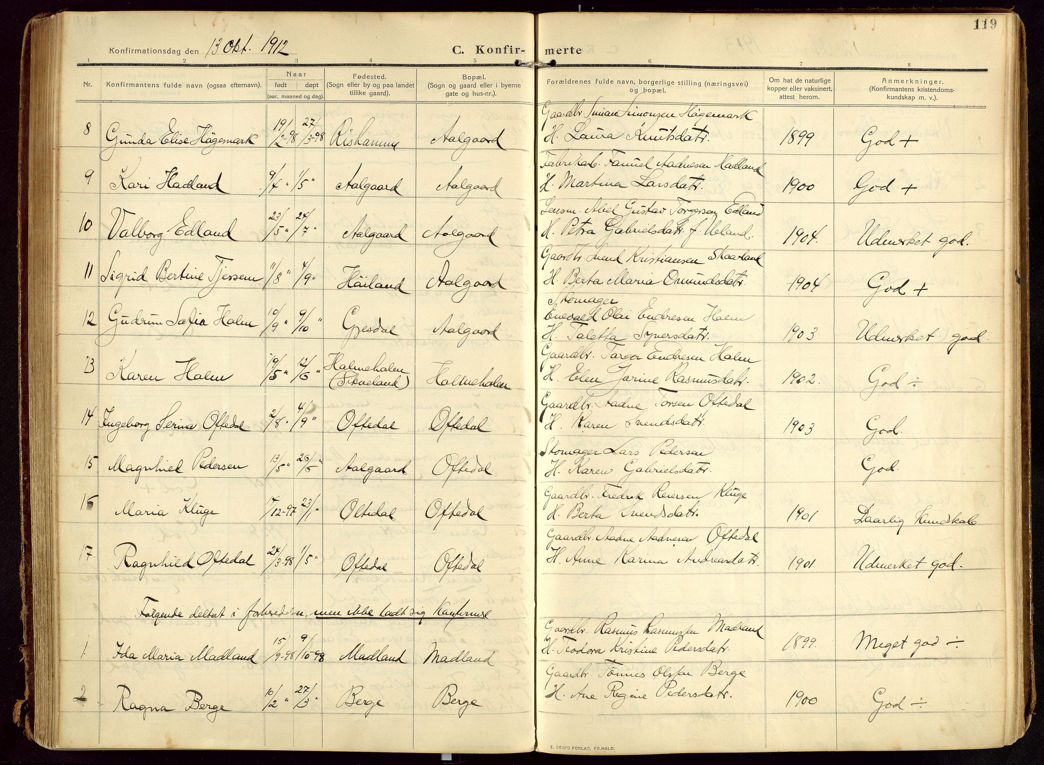 Lye sokneprestkontor, SAST/A-101794/002/B/L0001: Parish register (official) no. A 13, 1910-1925, p. 119