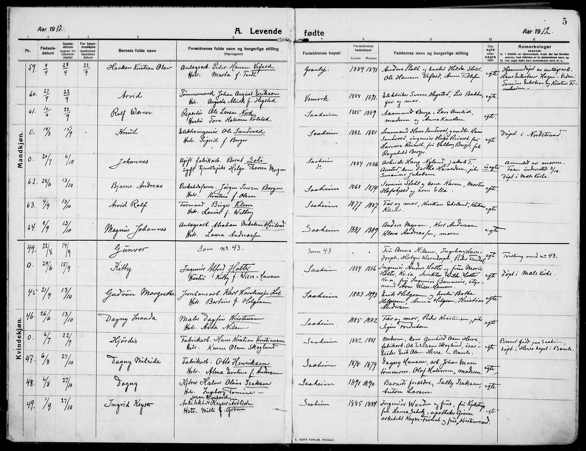 Rjukan kirkebøker, SAKO/A-294/F/Fa/L0002: Parish register (official) no. 2, 1912-1917, p. 5