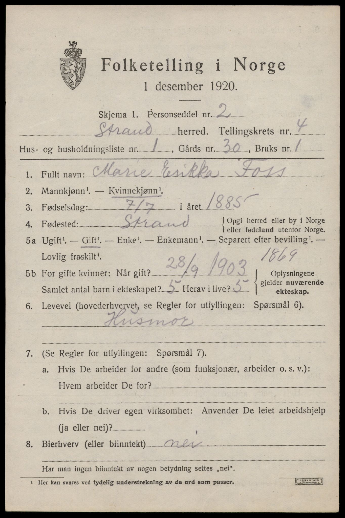 SAST, 1920 census for Strand, 1920, p. 2912