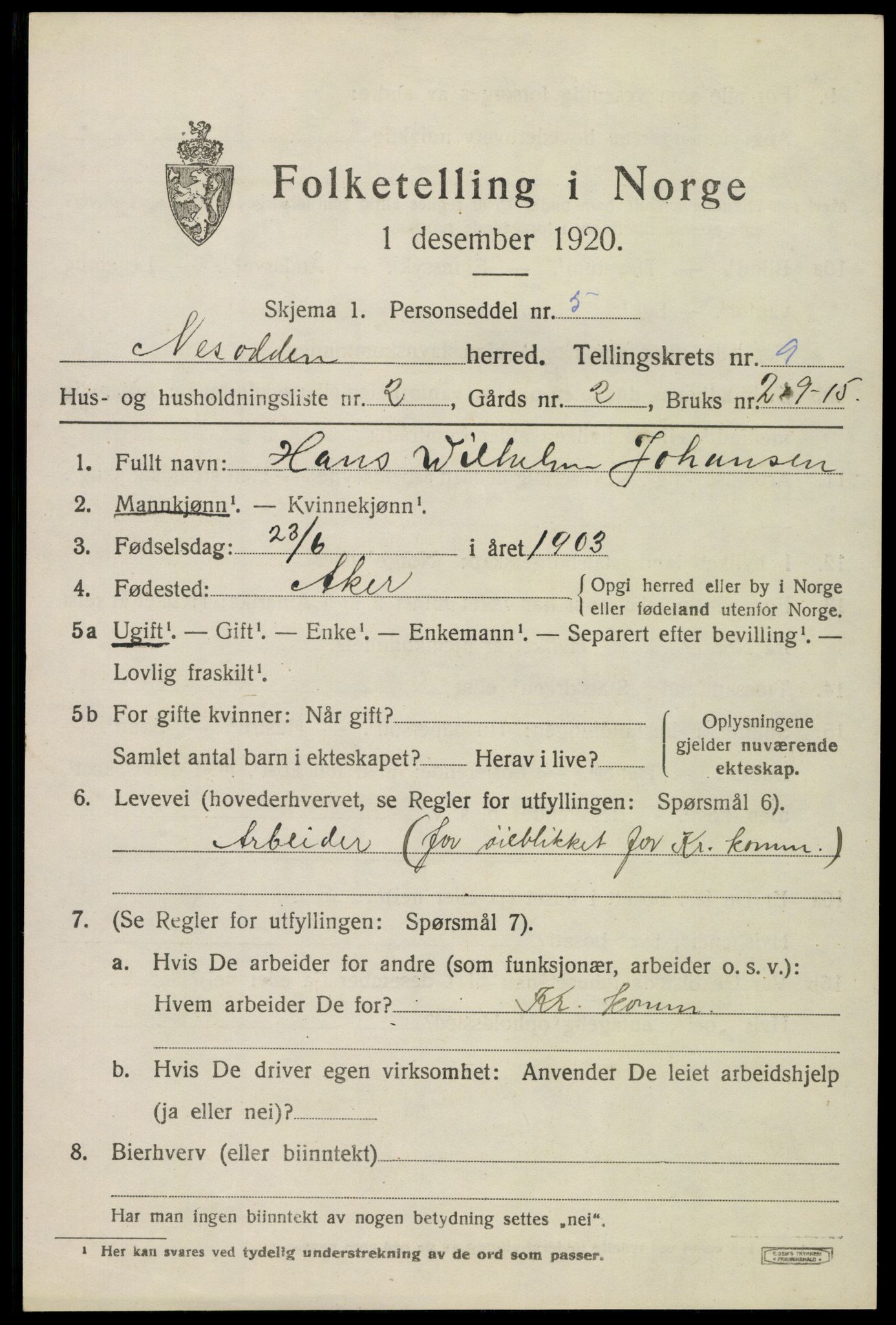 SAO, 1920 census for Nesodden, 1920, p. 6709