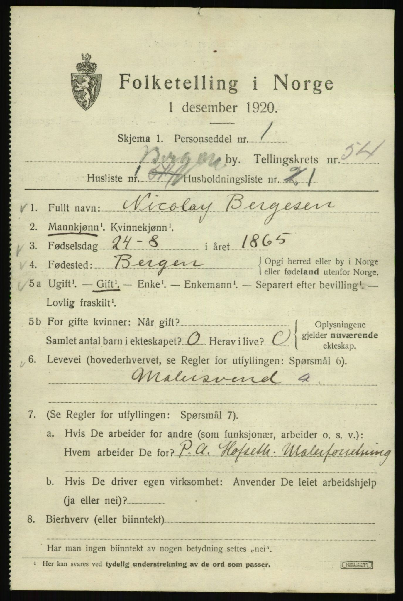 SAB, 1920 census for Bergen, 1920, p. 122424