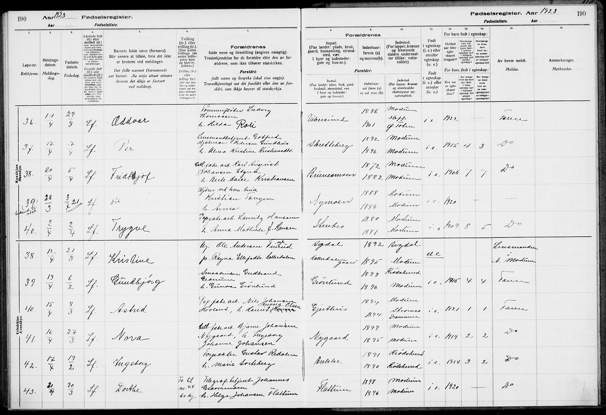 Modum kirkebøker, AV/SAKO-A-234/J/Ja/L0001: Birth register no. I 1, 1916-1923, p. 190