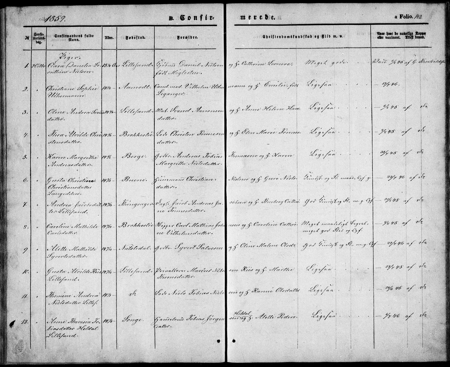 Vestre Moland sokneprestkontor, AV/SAK-1111-0046/F/Fb/Fbb/L0003: Parish register (copy) no. B 3, 1851-1861, p. 142