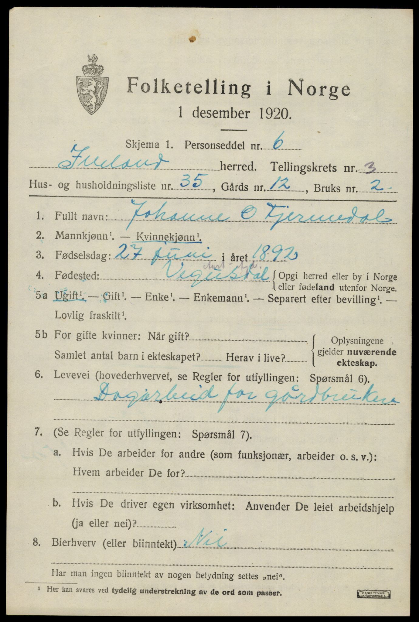 SAK, 1920 census for Iveland, 1920, p. 1305