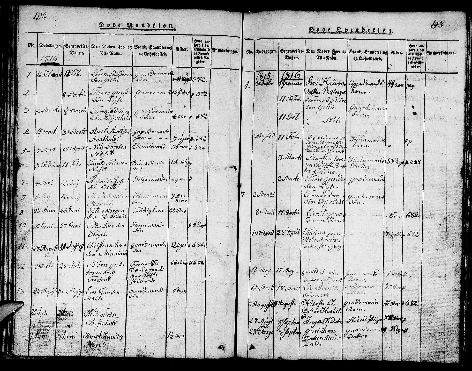 Strand sokneprestkontor, SAST/A-101828/H/Ha/Hab/L0002: Parish register (copy) no. B 2, 1816-1854, p. 192-193