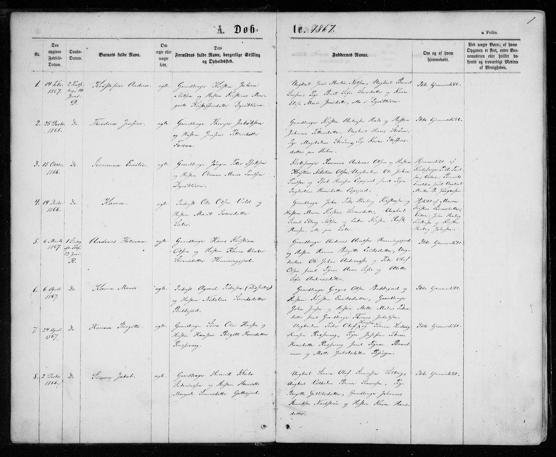 Tranøy sokneprestkontor, SATØ/S-1313/I/Ia/Iaa/L0008kirke: Parish register (official) no. 8, 1867-1877, p. 1