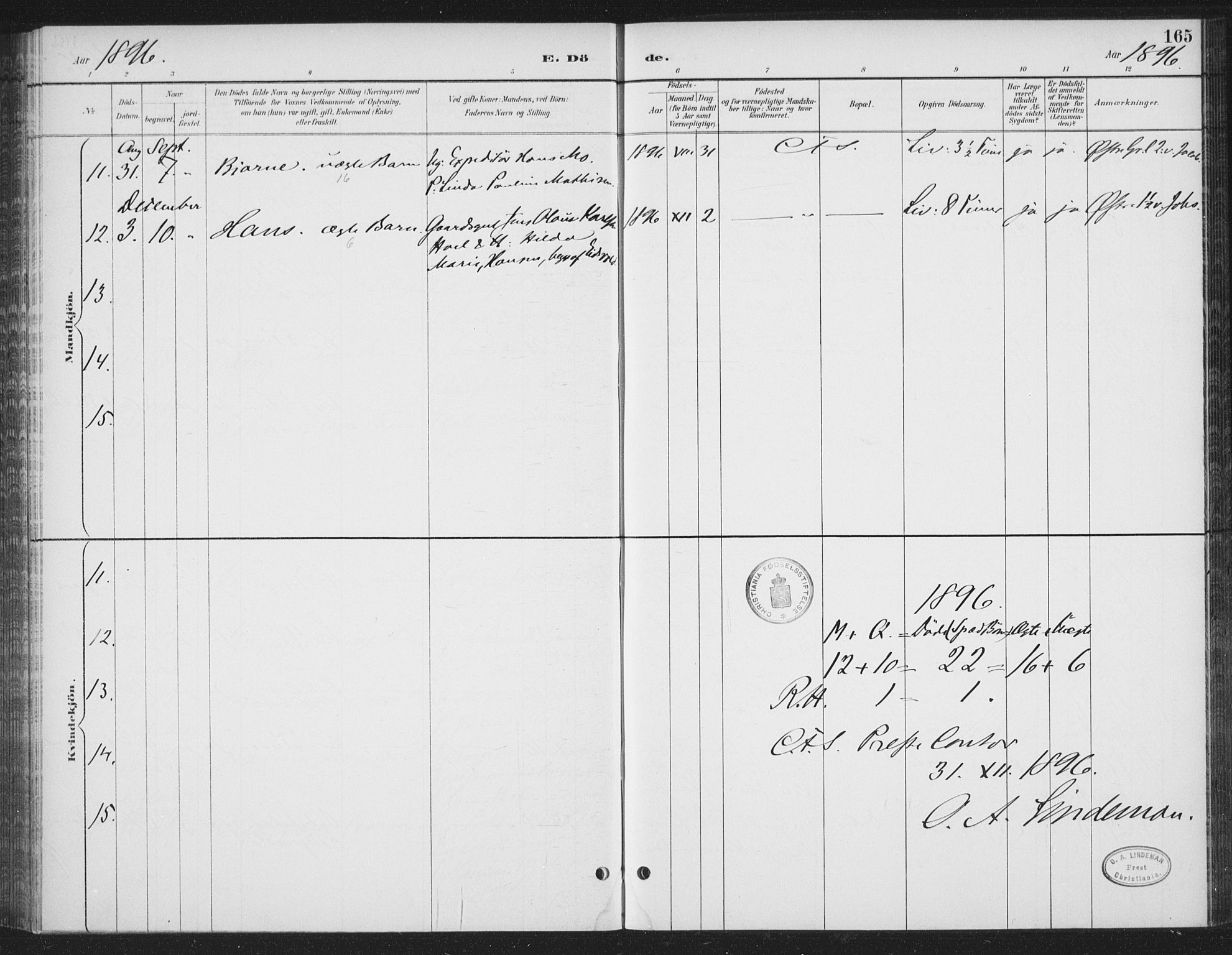 Rikshospitalet prestekontor Kirkebøker, SAO/A-10309b/F/L0010: Parish register (official) no. 10, 1888-1912, p. 165
