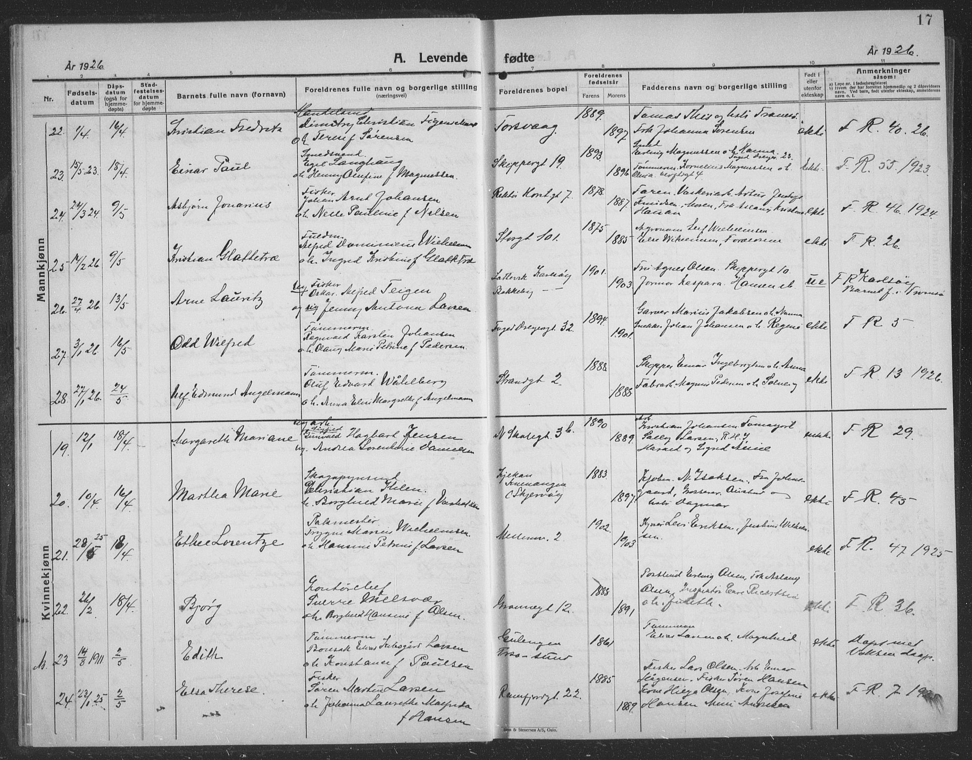 Tromsø sokneprestkontor/stiftsprosti/domprosti, AV/SATØ-S-1343/G/Gb/L0010klokker: Parish register (copy) no. 10, 1925-1937, p. 17