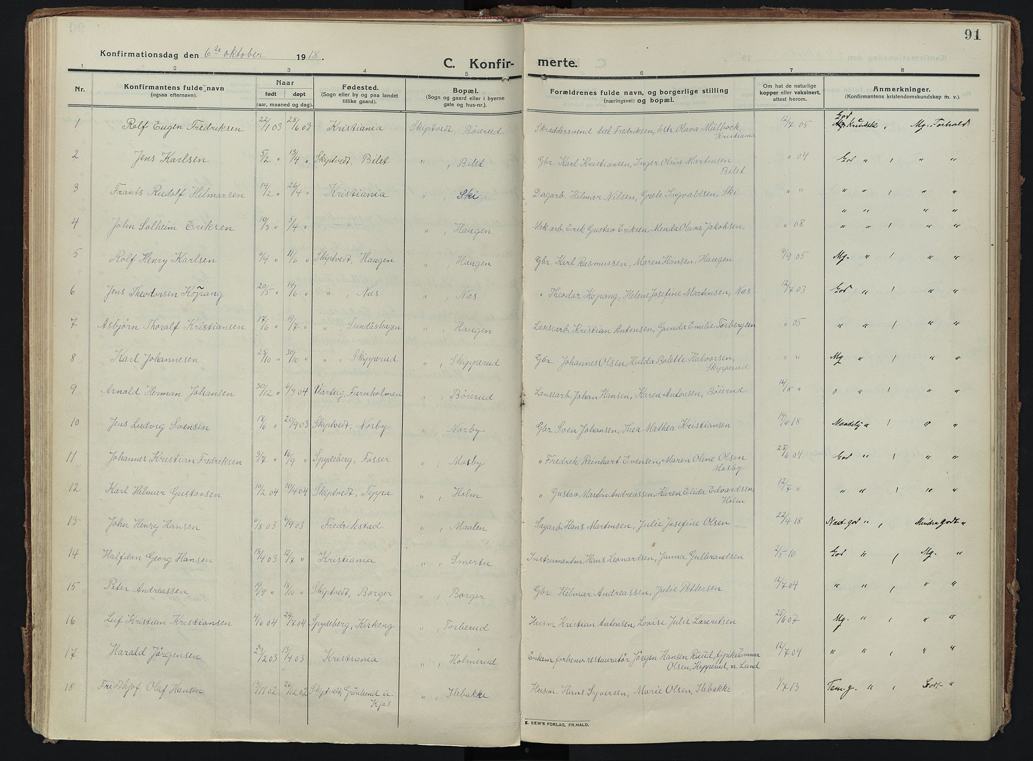 Skiptvet prestekontor Kirkebøker, SAO/A-20009/F/Fa/L0012: Parish register (official) no. 12, 1913-1924, p. 91