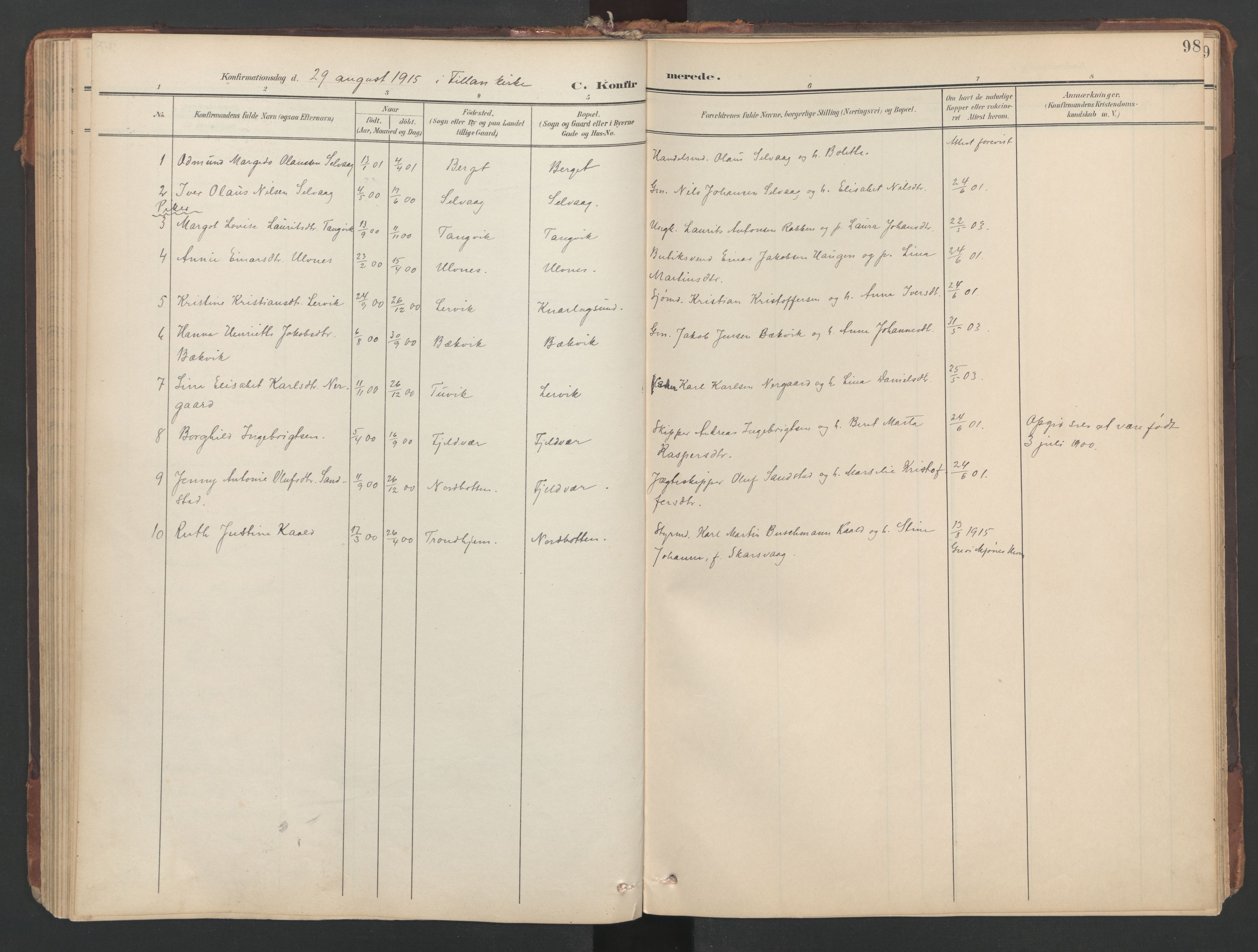 Ministerialprotokoller, klokkerbøker og fødselsregistre - Sør-Trøndelag, SAT/A-1456/638/L0568: Parish register (official) no. 638A01, 1901-1916, p. 98