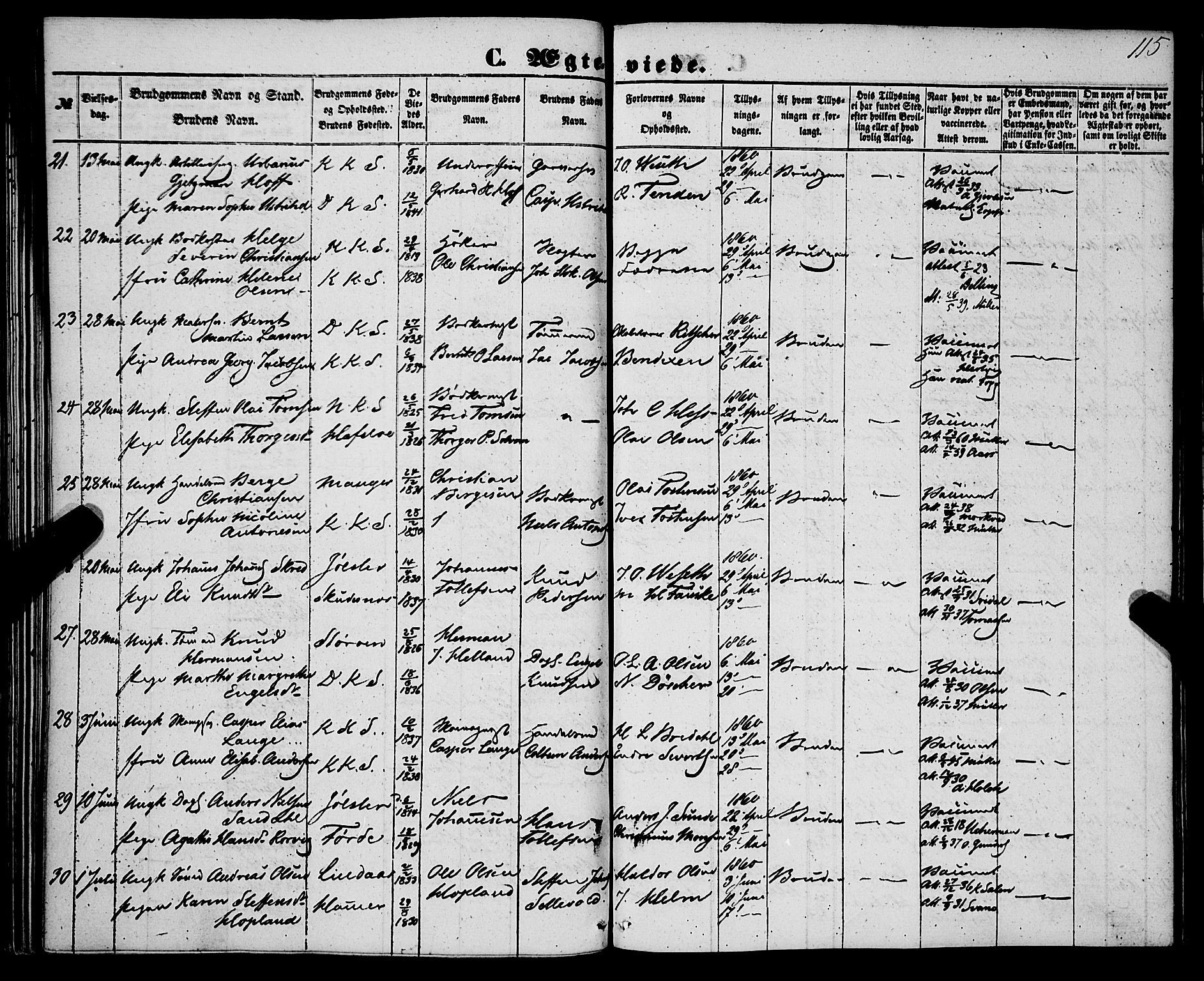 Korskirken sokneprestembete, AV/SAB-A-76101/H/Haa/L0035: Parish register (official) no. D 2, 1852-1867, p. 115