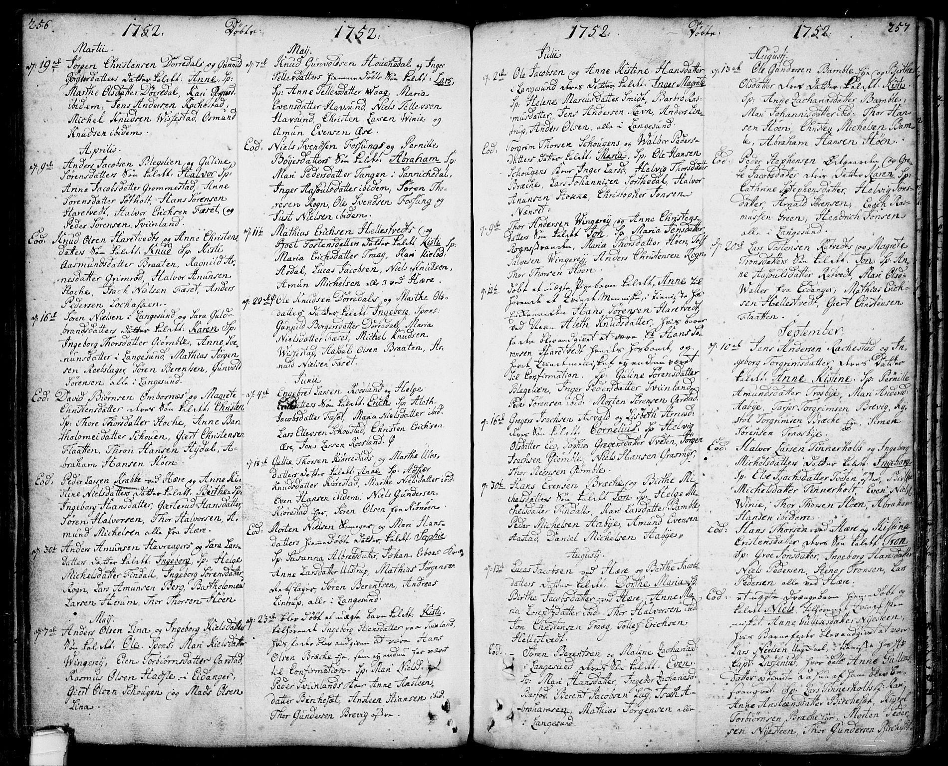 Bamble kirkebøker, SAKO/A-253/F/Fa/L0001: Parish register (official) no. I 1, 1702-1774, p. 256-257