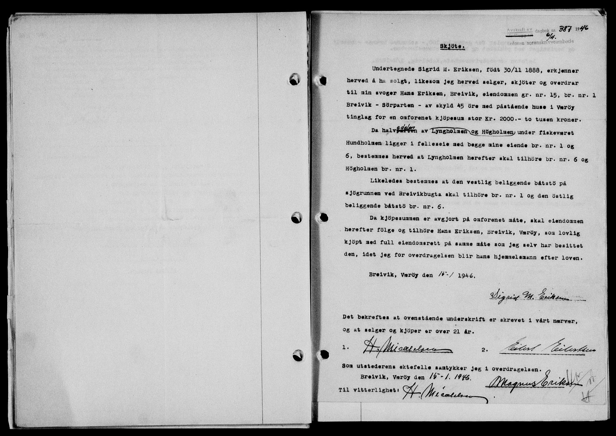 Lofoten sorenskriveri, SAT/A-0017/1/2/2C/L0013a: Mortgage book no. 13a, 1944-1946, Diary no: : 387/1946