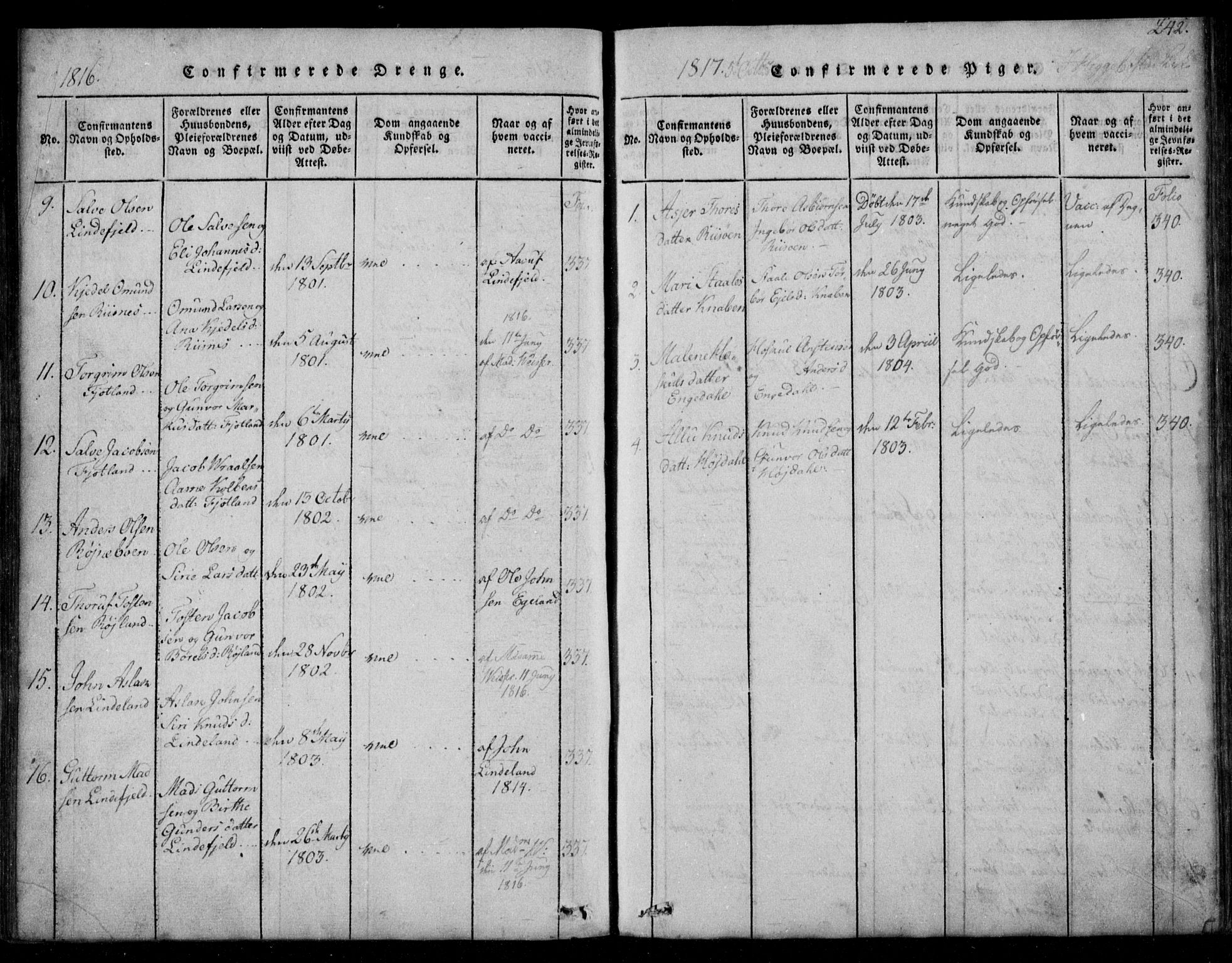 Fjotland sokneprestkontor, AV/SAK-1111-0010/F/Fb/L0001: Parish register (copy) no. B 1, 1816-1849, p. 242