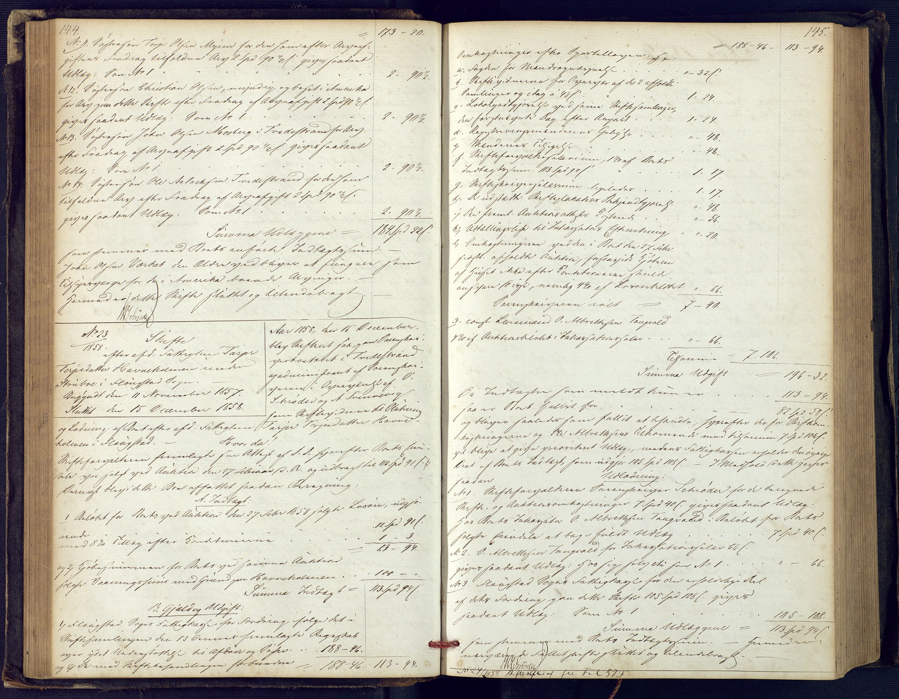 Holt sorenskriveri, SAK/1221-0002/H/Hc/L0029: Skifteutlodningsprotokoll nr. 4 med løst register, 1857-1862, p. 144-145