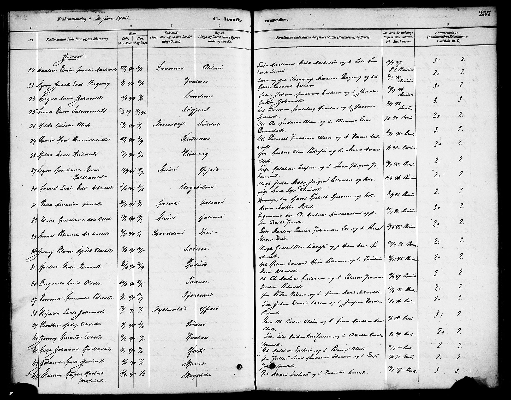 Ministerialprotokoller, klokkerbøker og fødselsregistre - Nordland, AV/SAT-A-1459/817/L0268: Parish register (copy) no. 817C03, 1884-1920, p. 257