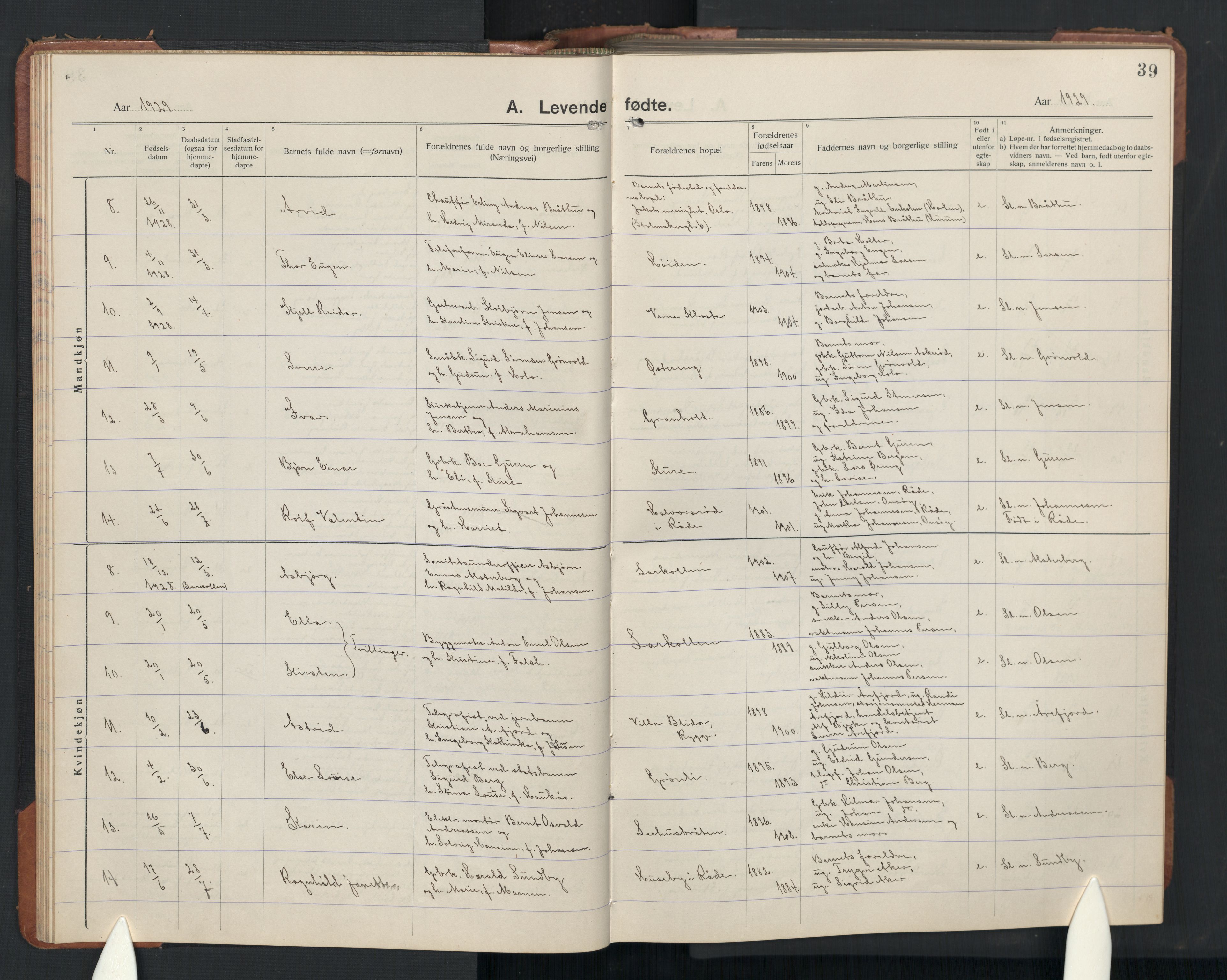 Rygge prestekontor Kirkebøker, SAO/A-10084b/G/Ga/L0004: Parish register (copy) no. 4, 1922-1953, p. 39