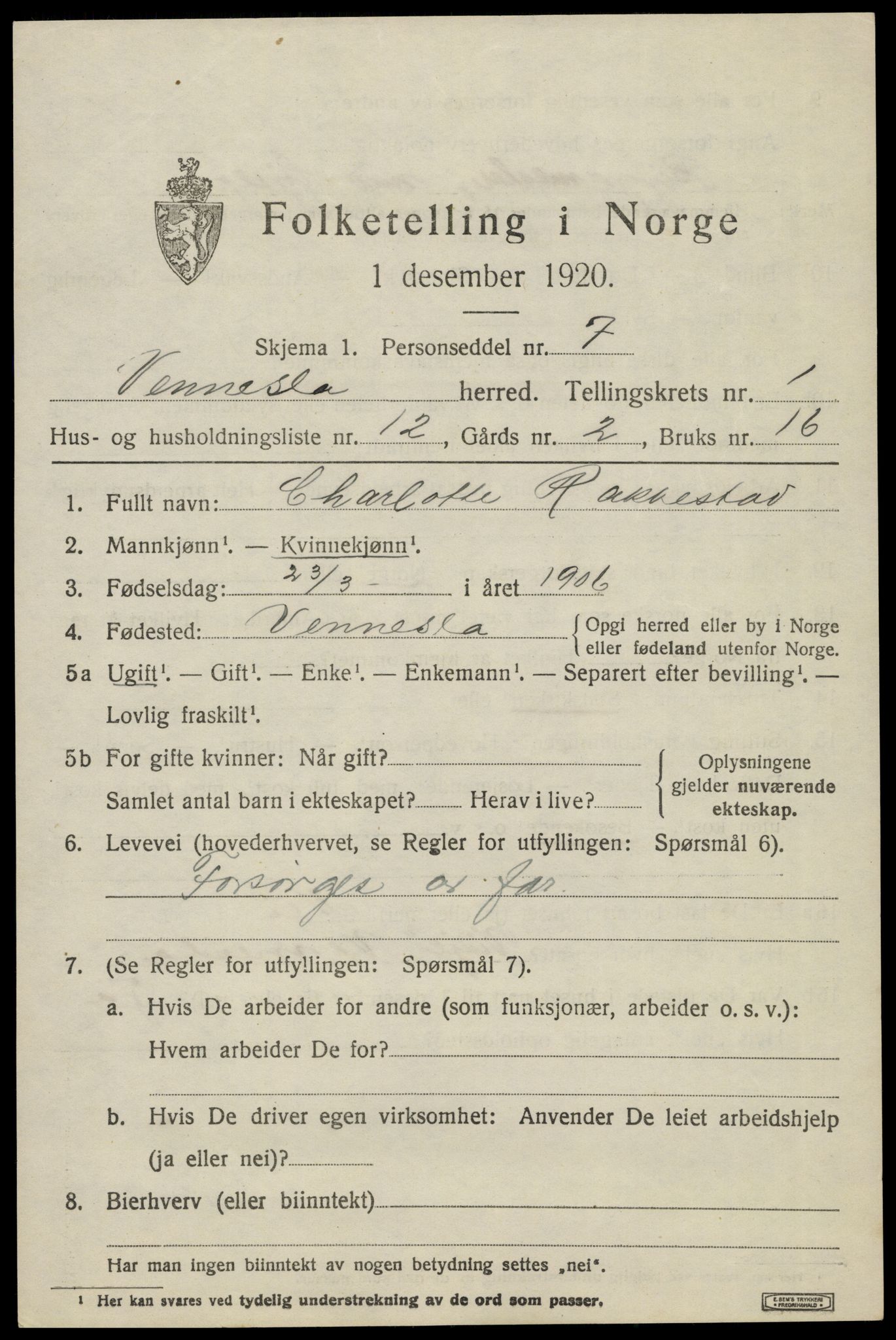 SAK, 1920 census for Vennesla, 1920, p. 1042