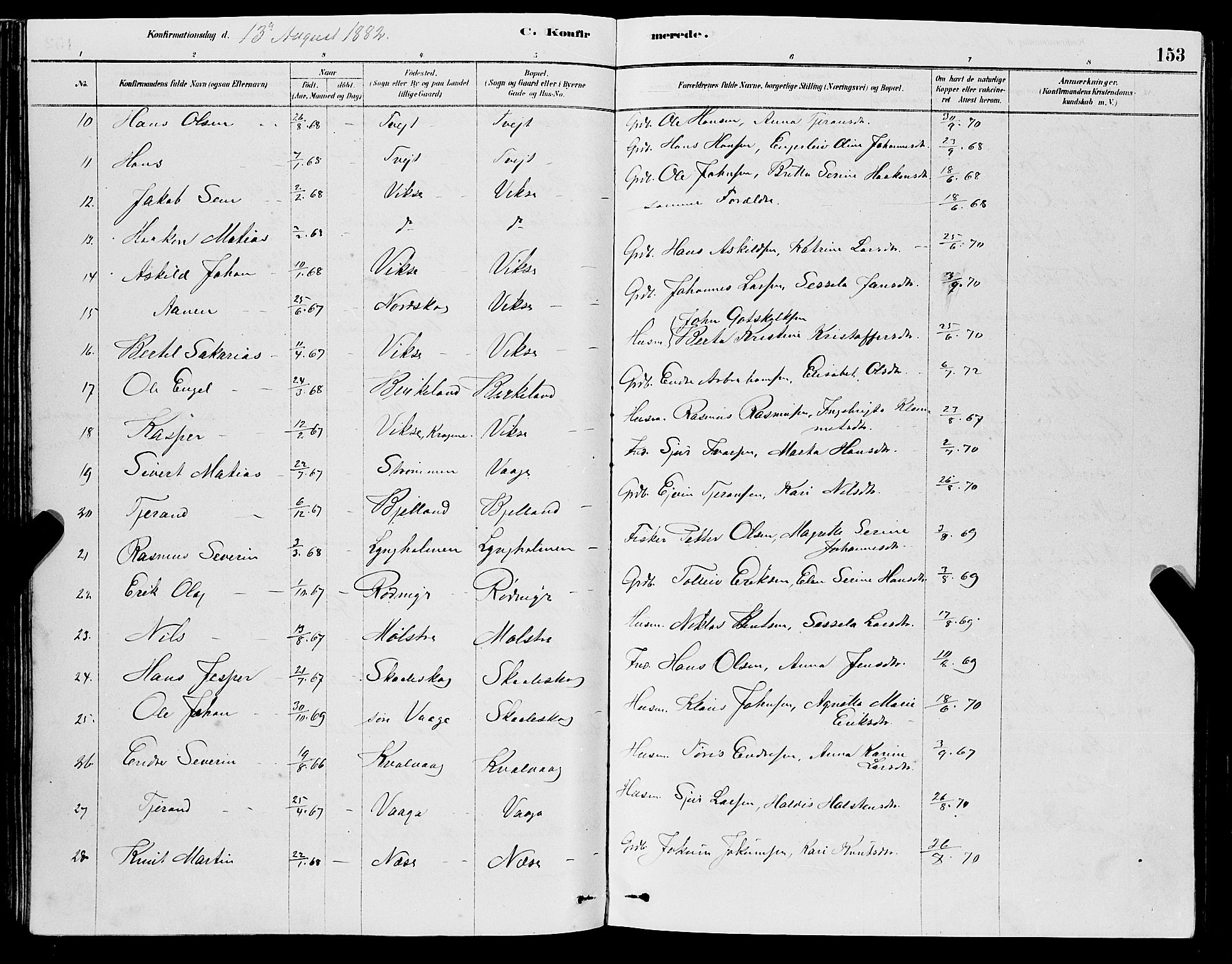 Sveio Sokneprestembete, SAB/A-78501/H/Hab: Parish register (copy) no. A 3, 1878-1896, p. 153