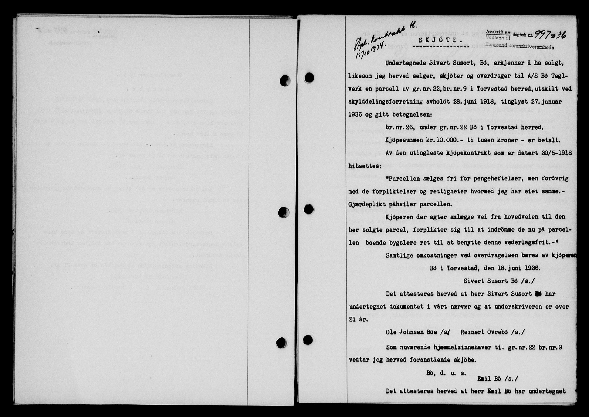 Karmsund sorenskriveri, SAST/A-100311/01/II/IIB/L0066: Mortgage book no. 47A, 1936-1936, Diary no: : 997/1936
