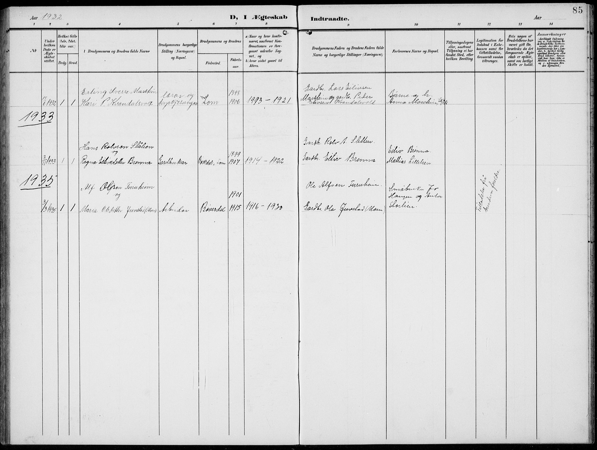 Lom prestekontor, AV/SAH-PREST-070/L/L0007: Parish register (copy) no. 7, 1904-1938, p. 85