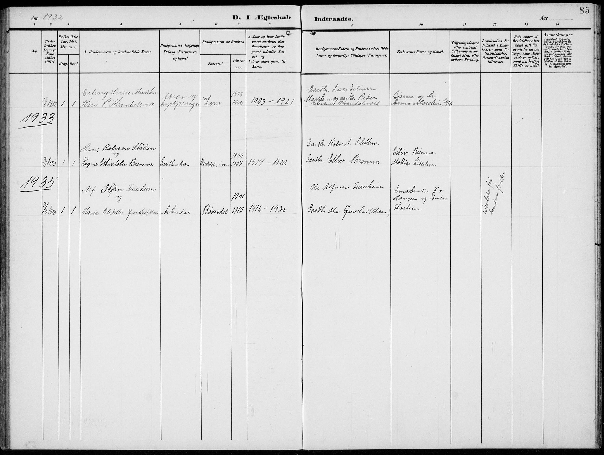 Lom prestekontor, SAH/PREST-070/L/L0007: Parish register (copy) no. 7, 1904-1938, p. 85